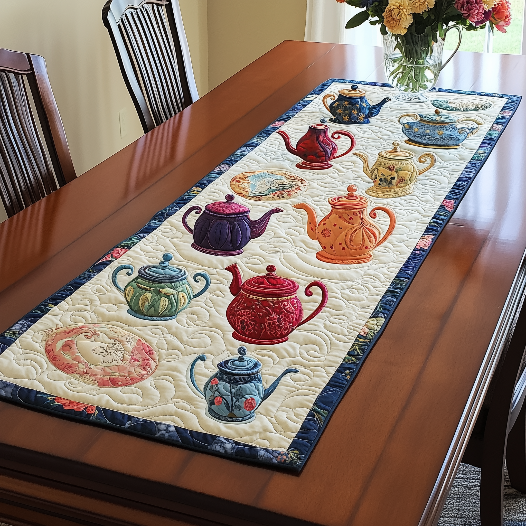 Colorful Teapot Quilted Table Runner Christmas Gifts For Tea Drinkers For Women-1 Colorful Teapot Quilted Table Runner Christmas Gifts For Tea Drinkers For Women-1