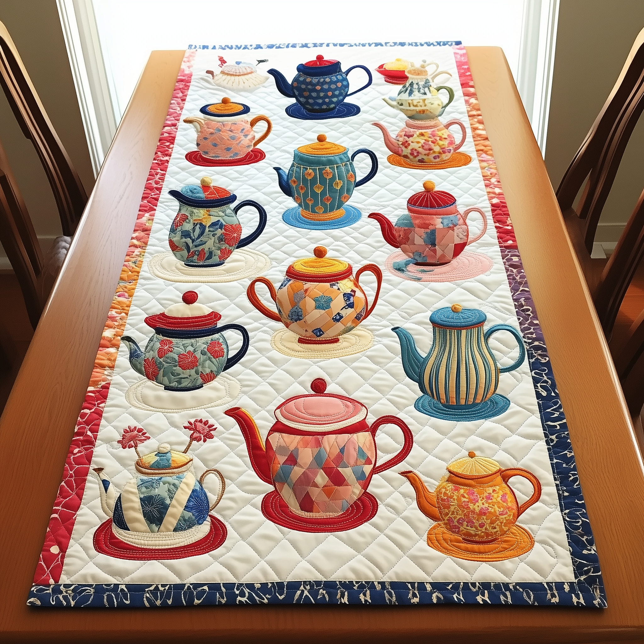 Colorful Teapot Quilted Table Runner Themed Christmas Gifts For Tea Drinkers Lovers Grandma-1 Colorful Teapot Quilted Table Runner Themed Christmas Gifts For Tea Drinkers Lovers Grandma-1