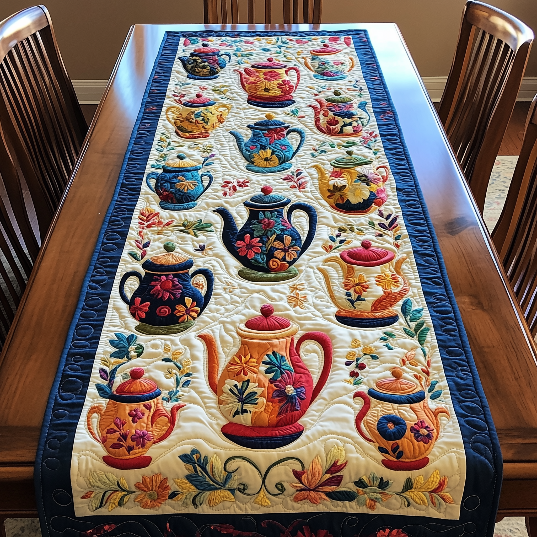 Colorful Teapots Quilted Table Runner Decorations Themed Merchandise Tea Holiday Gifts-1 Colorful Teapots Quilted Table Runner Decorations Themed Merchandise Tea Holiday Gifts-1