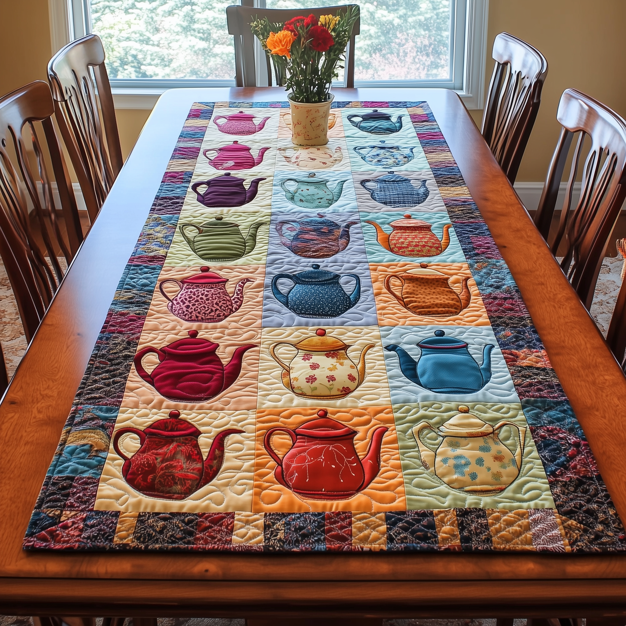 Colorful Teapots Quilted Table Runner Modern Dining Table Runner Holiday Tea Gifts-1 Colorful Teapots Quilted Table Runner Modern Dining Table Runner Holiday Tea Gifts-1