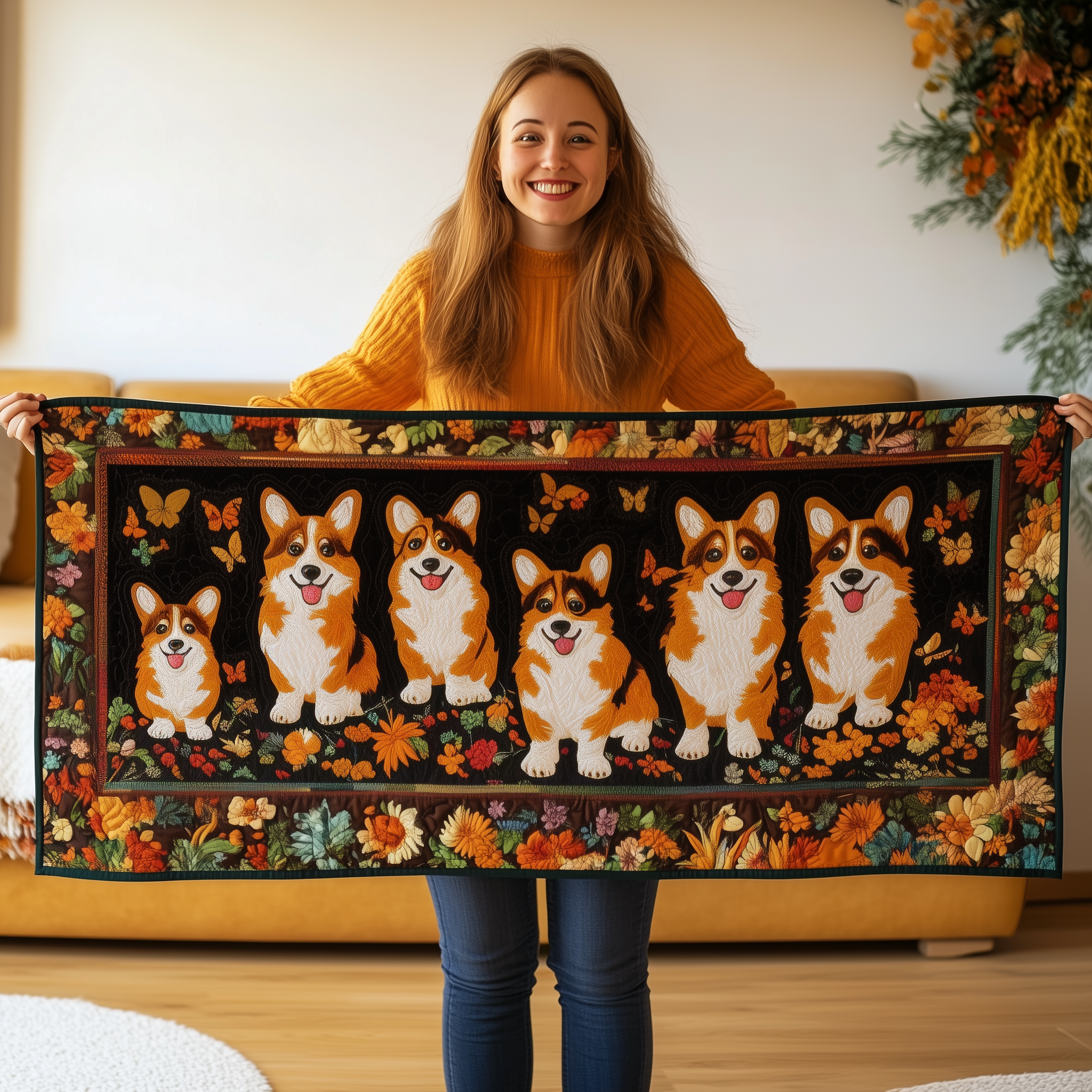 Corgi Autumn Vibe Quilted Table Runner Cute Indoor Decorations Corgi Lovers Gifts-1 Corgi Autumn Vibe Quilted Table Runner Cute Indoor Decorations Corgi Lovers Gifts-1