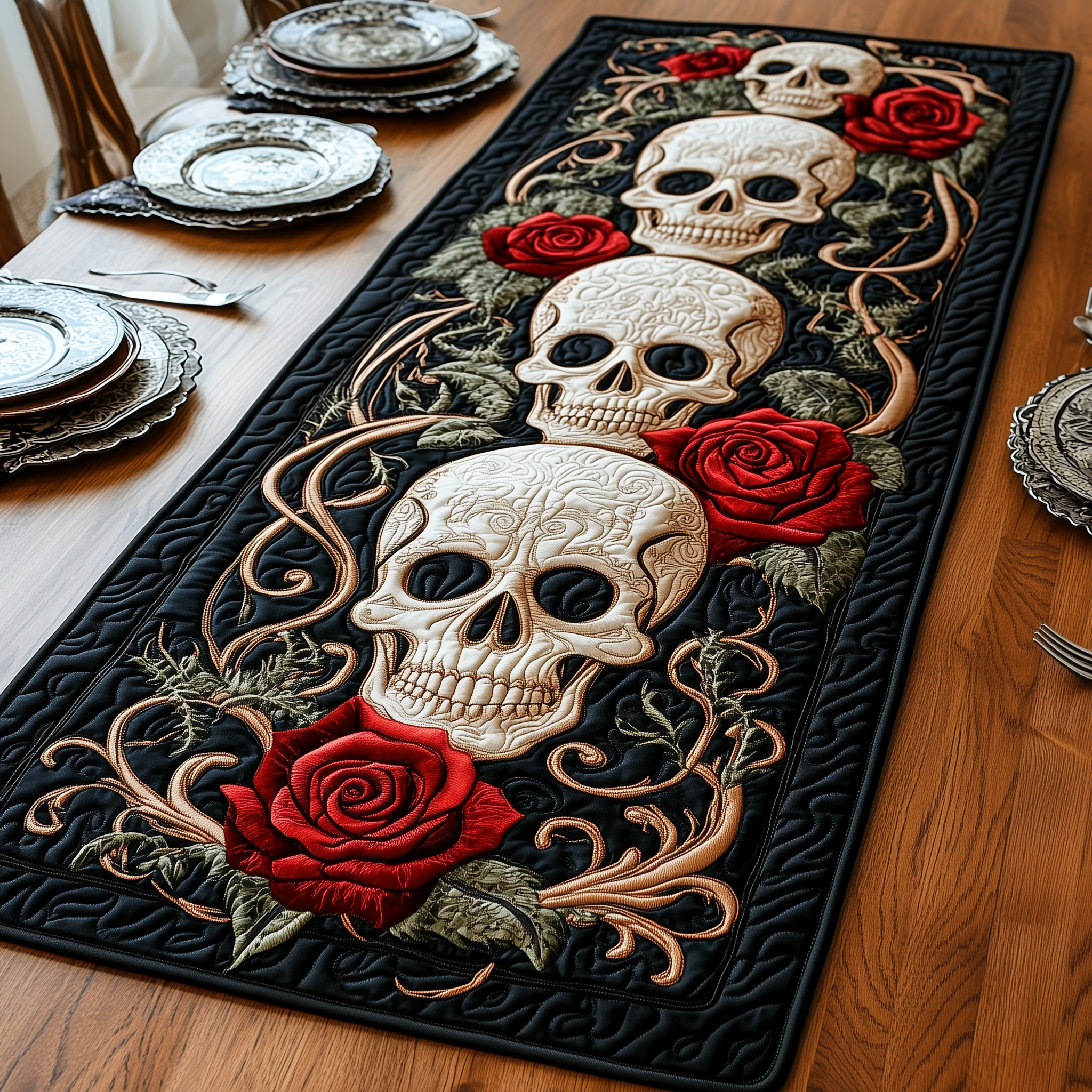Crimson Rose Skull Quilted Table Runner Gifts For People Who Like Skulls-1 Crimson Rose Skull Quilted Table Runner Gifts For People Who Like Skulls-1