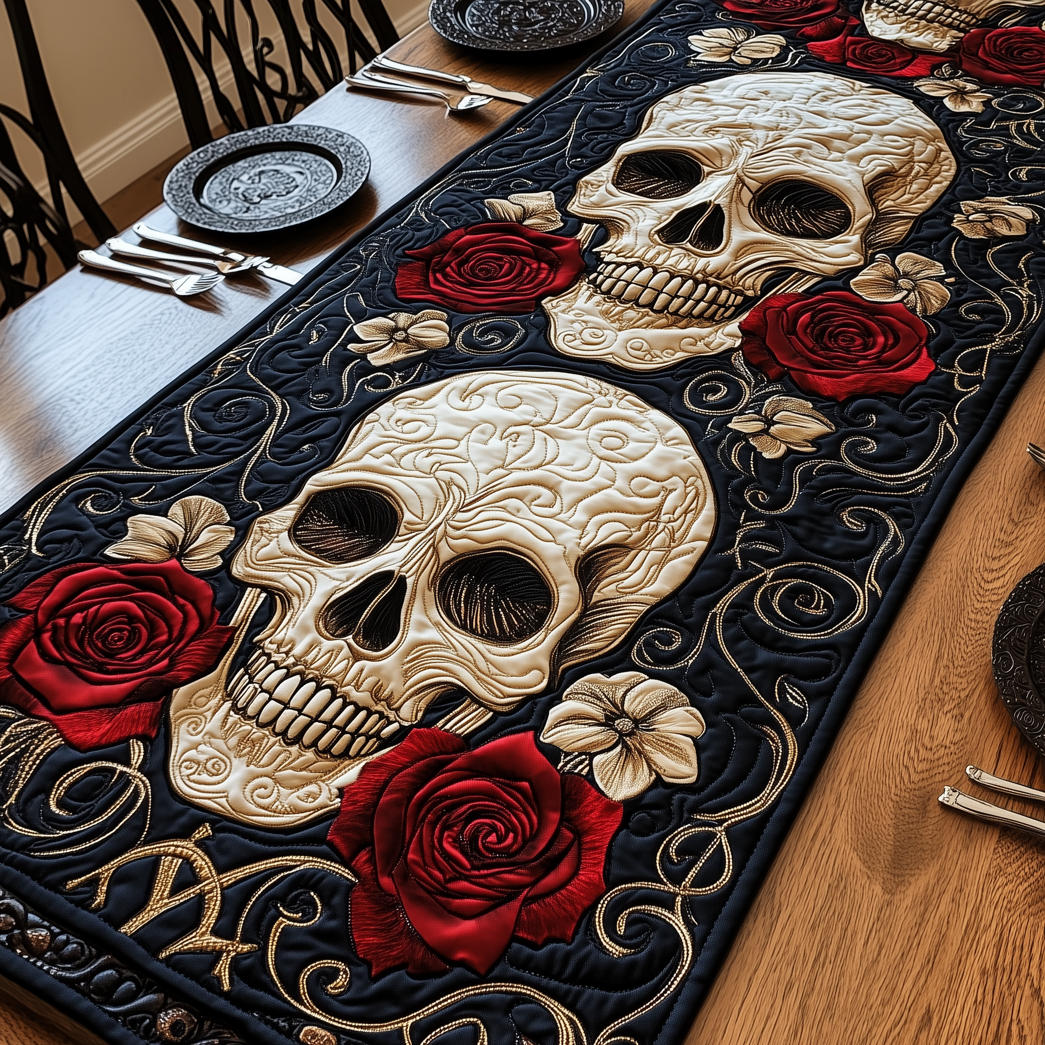 Crimson Rose Skull Quilted Table Runner Skull Gifts For Women-1 Crimson Rose Skull Quilted Table Runner Skull Gifts For Women-1