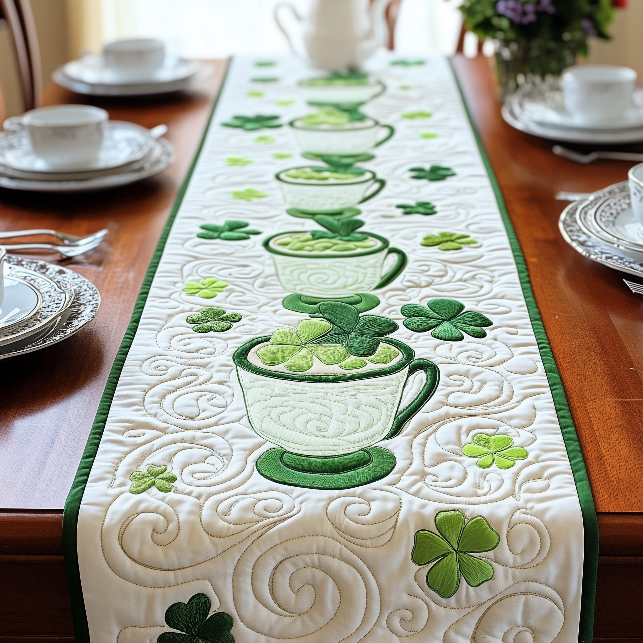 Cups of Shamrock Quilted Table Runner Patrick's Day Best Gifts For Women-1