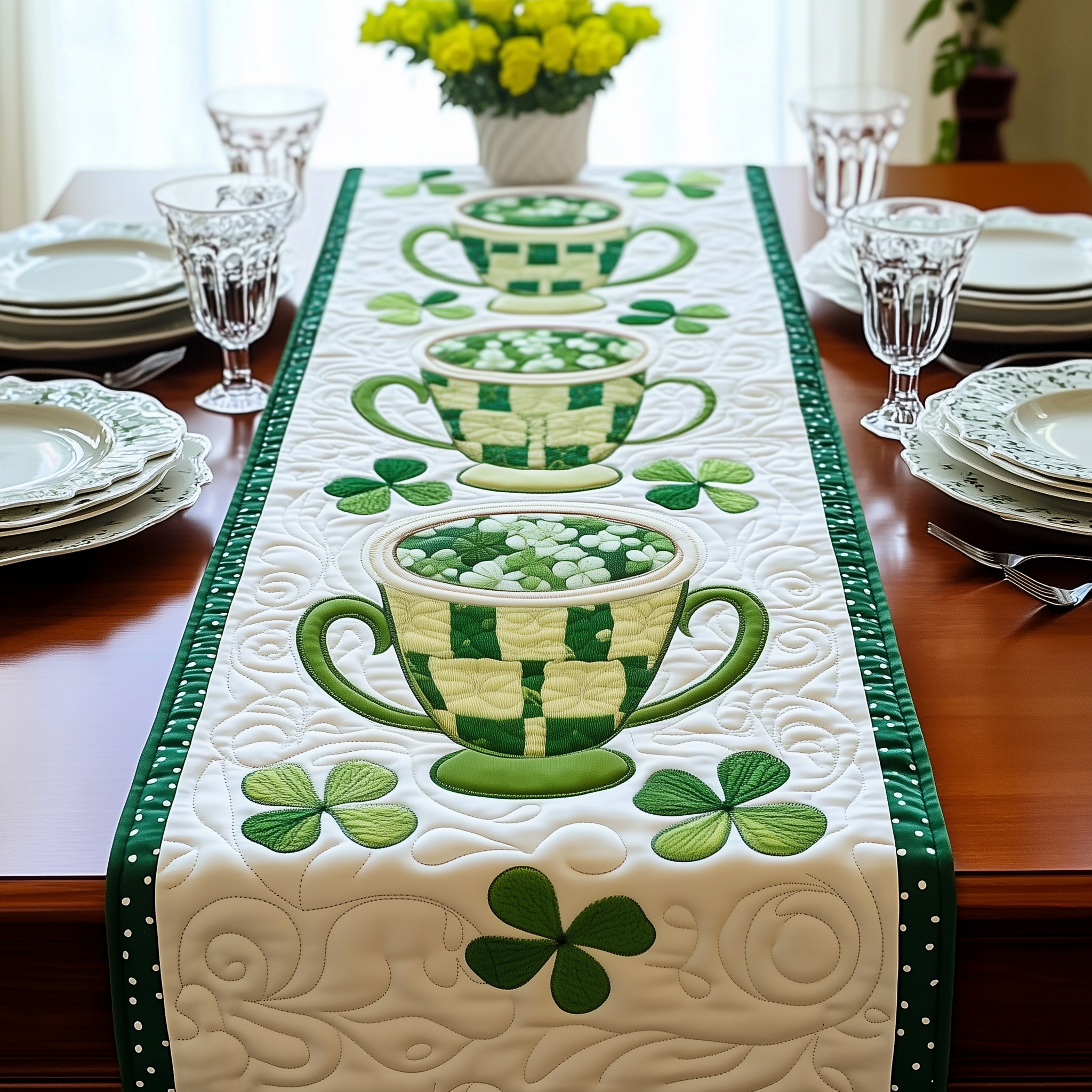 Cups of Shamrock Quilted Table Runner Patrick's Day Gift Ideas For Girlfriend-1