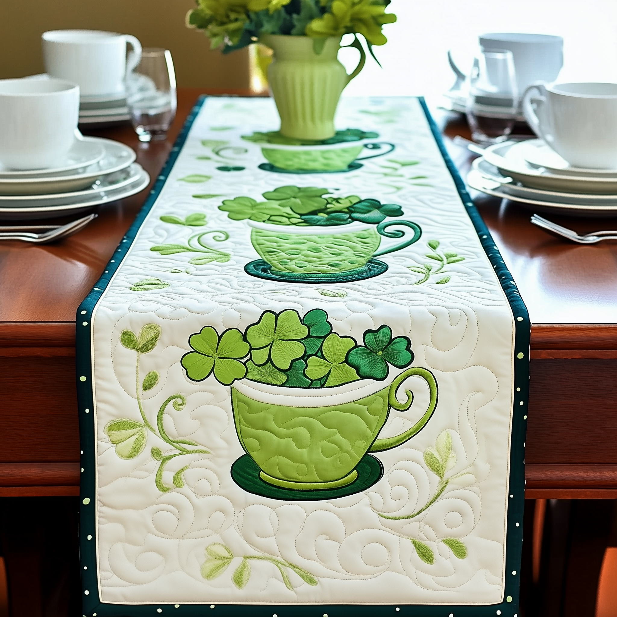 Cups of Shamrock Quilted Table Runner Patrick's Day Good Gifts For Girlfriend-1 Cups of Shamrock Quilted Table Runner Patrick's Day Good Gifts For Girlfriend-1