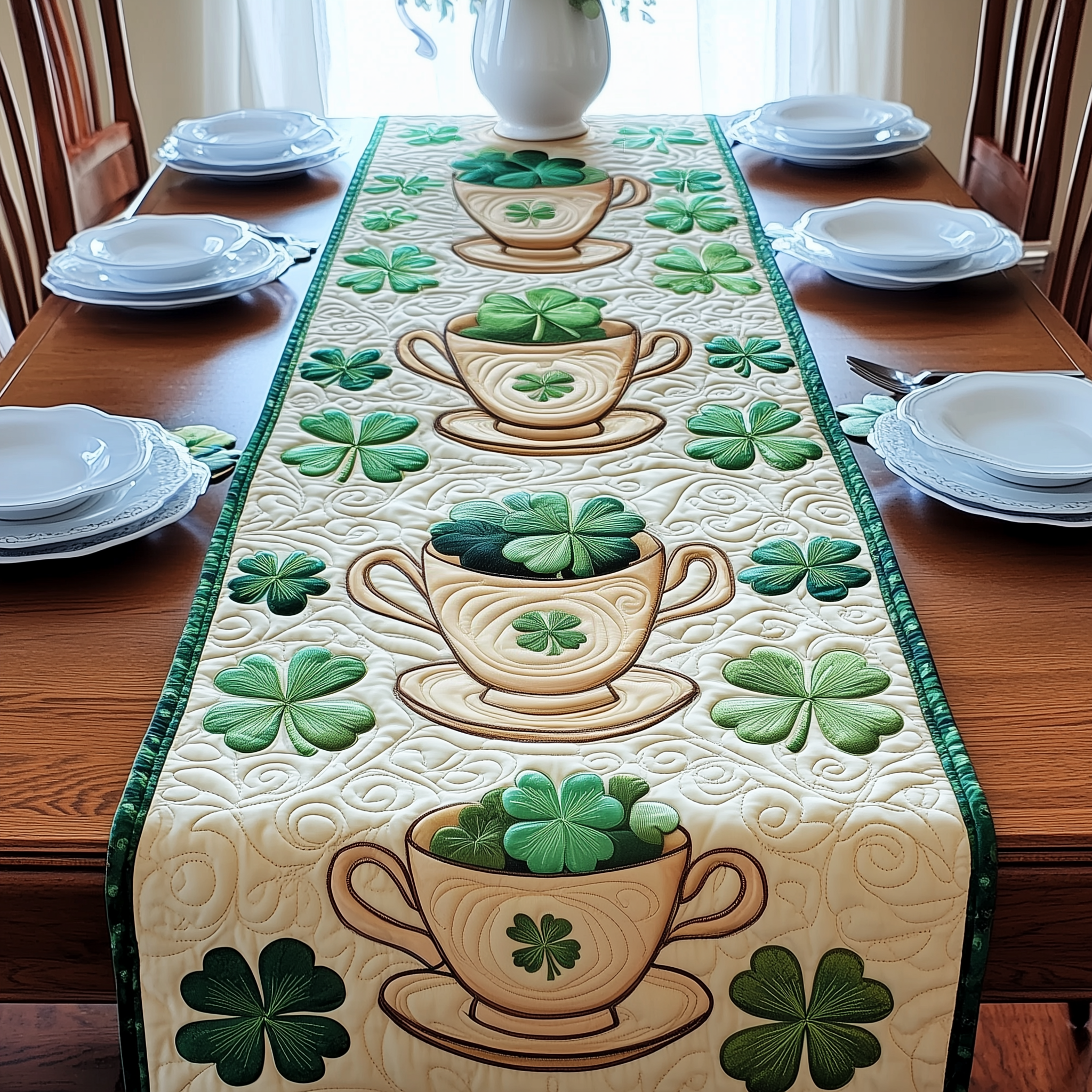 Cups of Shamrock Quilted Table Runner Patrick's Day Good Gifts For Mom-1 Cups of Shamrock Quilted Table Runner Patrick's Day Good Gifts For Mom-1
