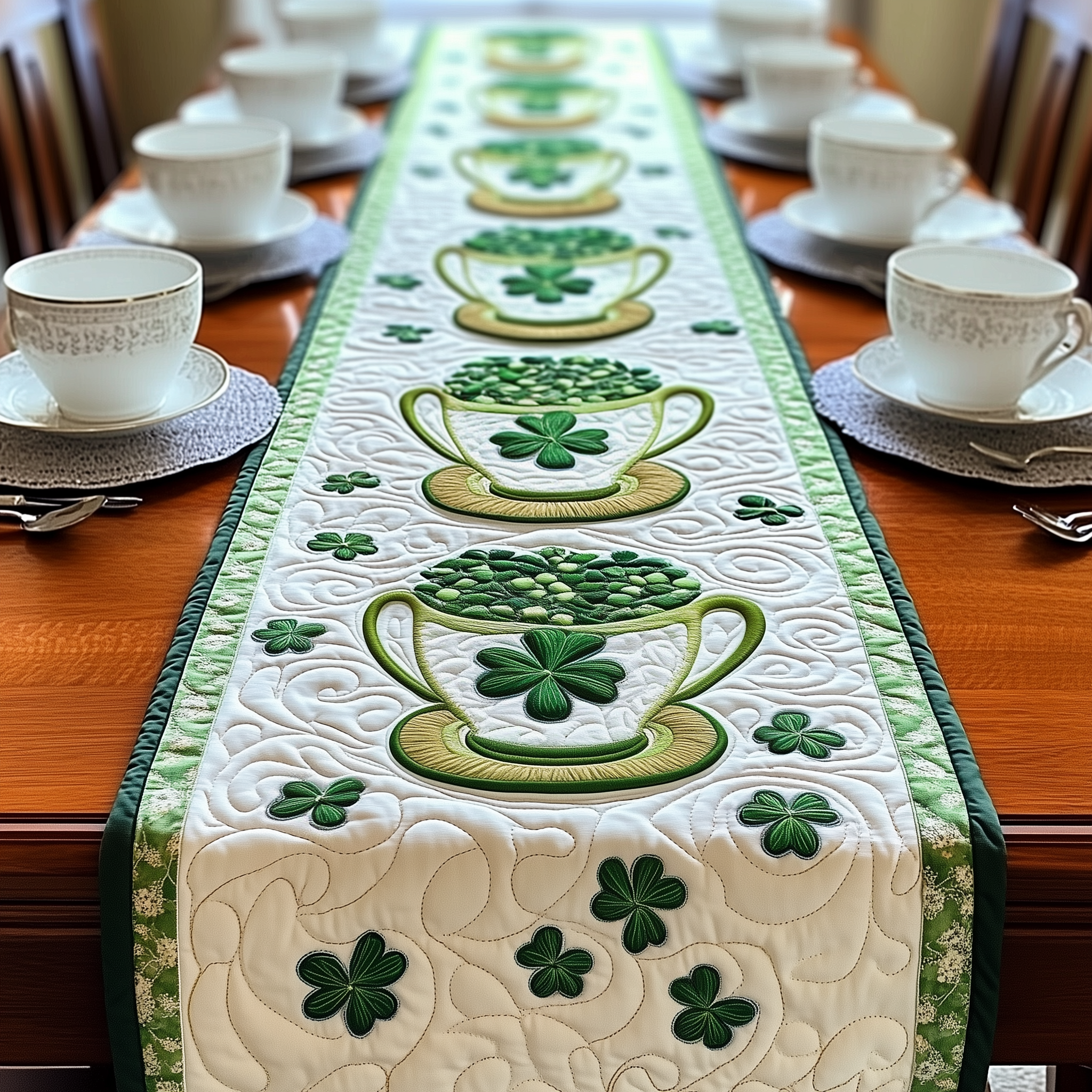 Cups of Shamrock Quilted Table Runner Patrick's Day Mother In Law Gift-1 Cups of Shamrock Quilted Table Runner Patrick's Day Mother In Law Gift-1