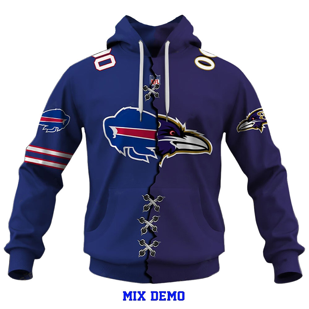 Custom Buffalo Bills And Baltimore Ravens Mix NFL 2 Team Home Hoodie Best Father's Day Gifts-1
