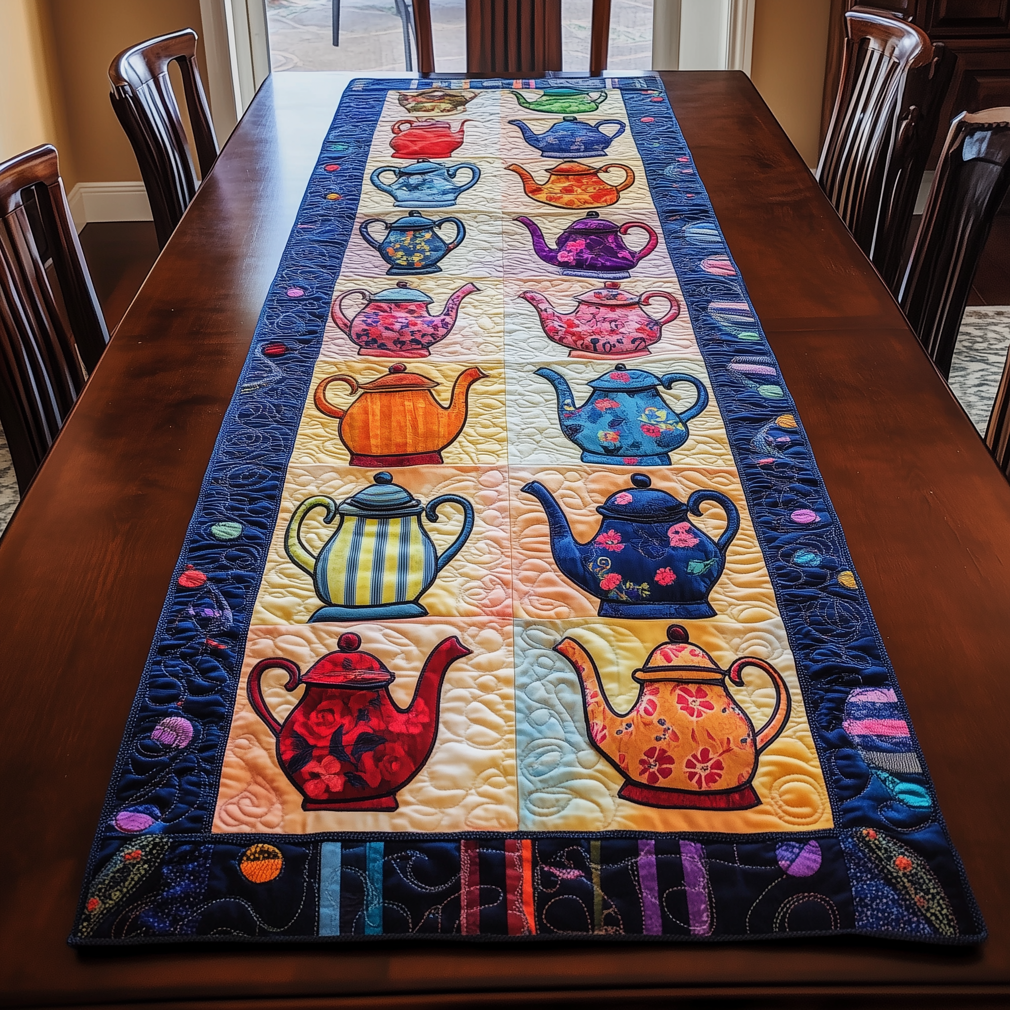 Darling Teapots Quilted Table Runner Indoor Decorations Christmas Presents For Tea Lovers-1 Darling Teapots Quilted Table Runner Indoor Decorations Christmas Presents For Tea Lovers-1