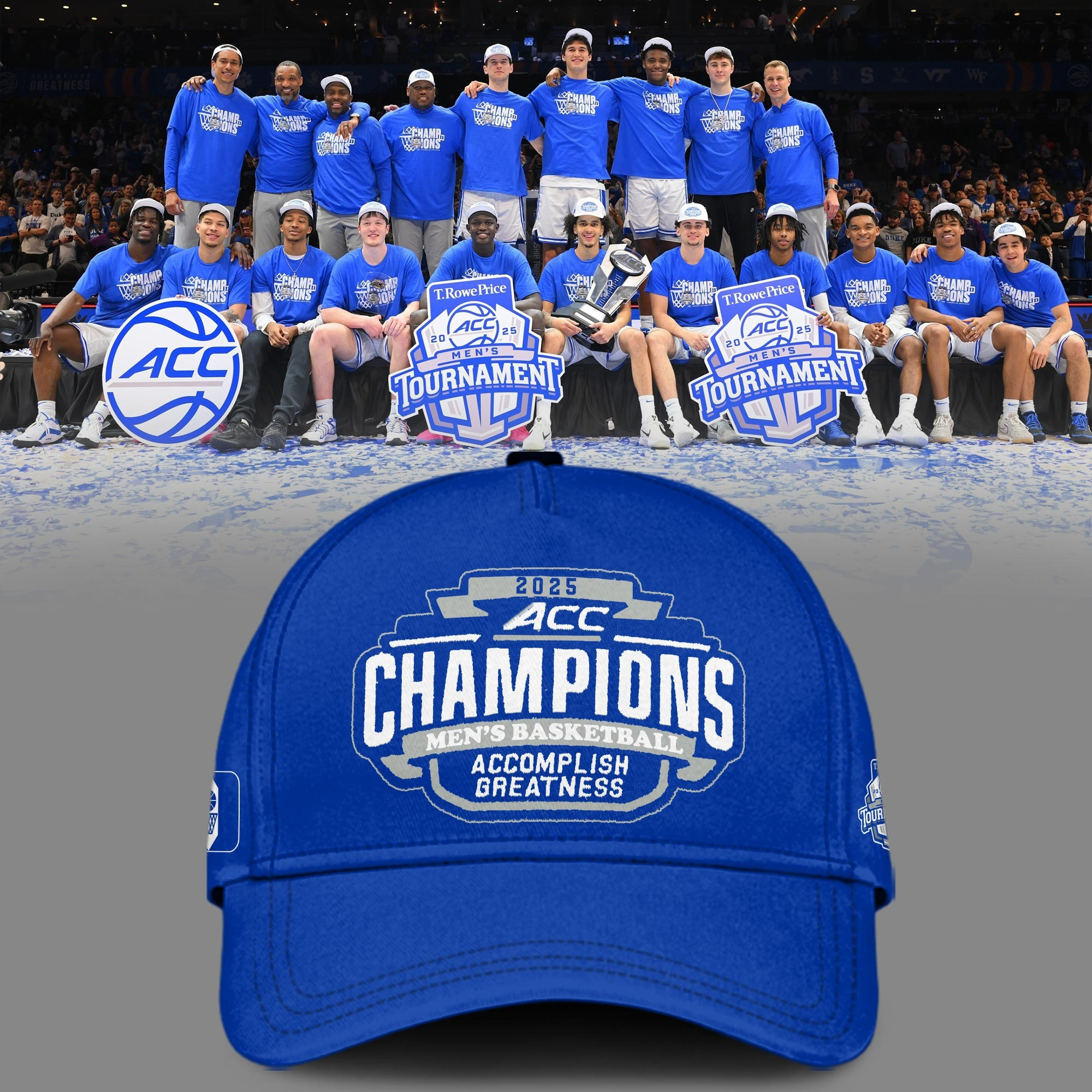 Duke Blue Devils ACC Championship Hat 2025 Men's Basketball Accomplish Greatness Merch-1