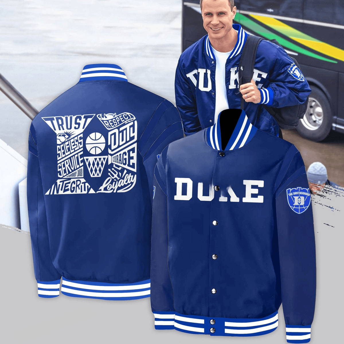 Duke Blue Devils Bomber Jacket The Brotherhood Coach Jon Scheyer Duke Blue Devils Fan Merch-1 Duke Blue Devils Bomber Jacket The Brotherhood Coach Jon Scheyer Duke Blue Devils Fan Merch-1