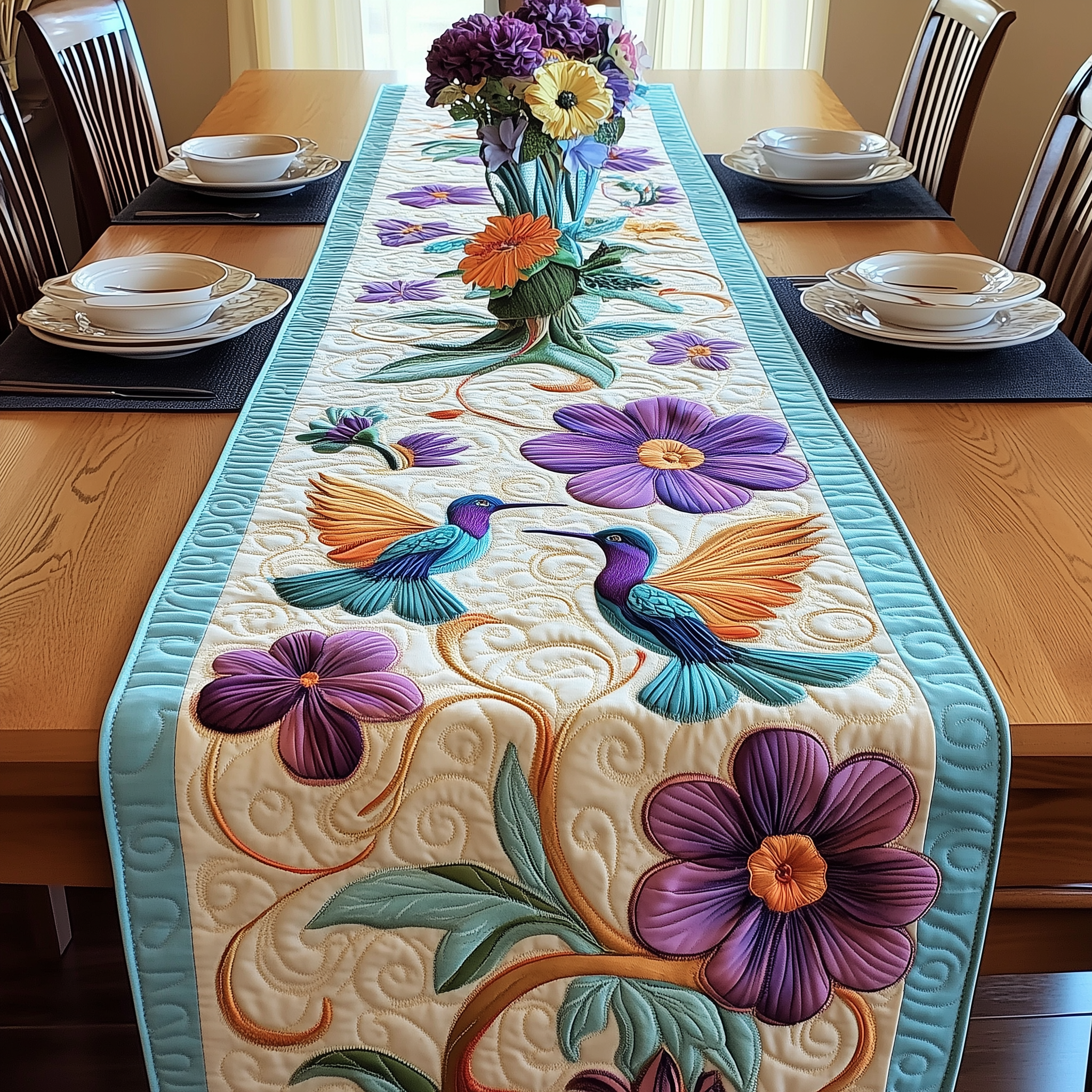 Elegant Hummingbird Quilted Table Runner  Decorations Holiday Dining Table Runner Hummingbird Gifts For Her-1 Elegant Hummingbird Quilted Table Runner  Decorations Holiday Dining Table Runner Hummingbird Gifts For Her-1
