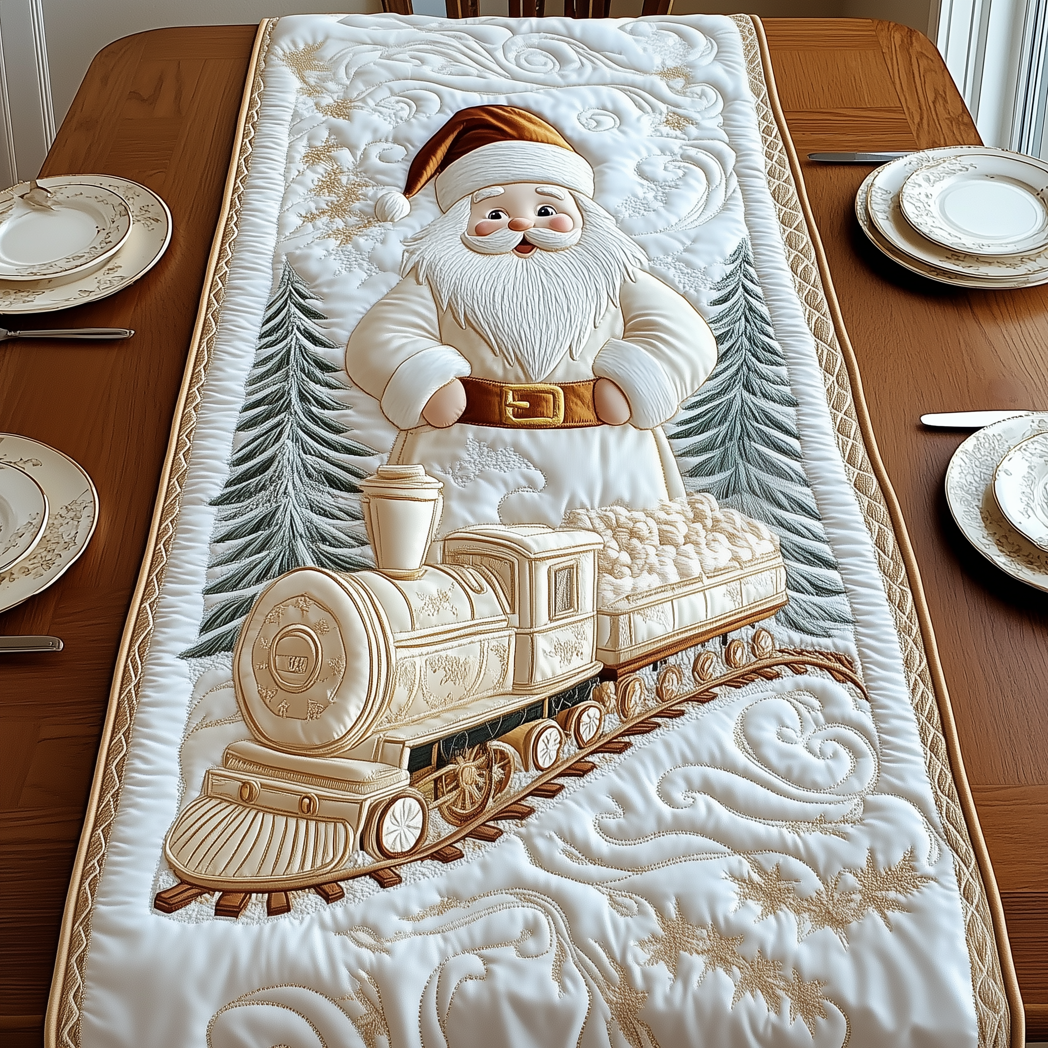 Elegant White Santa Claus Quilted Table Runner Valentine's Day Gifts For Her-1 Elegant White Santa Claus Quilted Table Runner Valentine's Day Gifts For Her-1