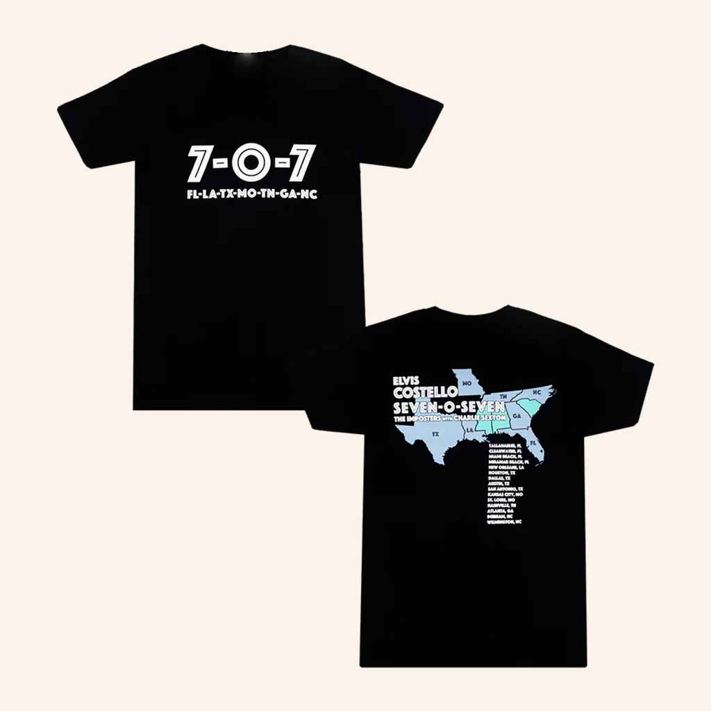 Elvis Costello Merch 707 Tour Map Black T-Shirt Christmas Gift Ideas For Him-1 Elvis Costello Merch 707 Tour Map Black T-Shirt Christmas Gift Ideas For Him-1