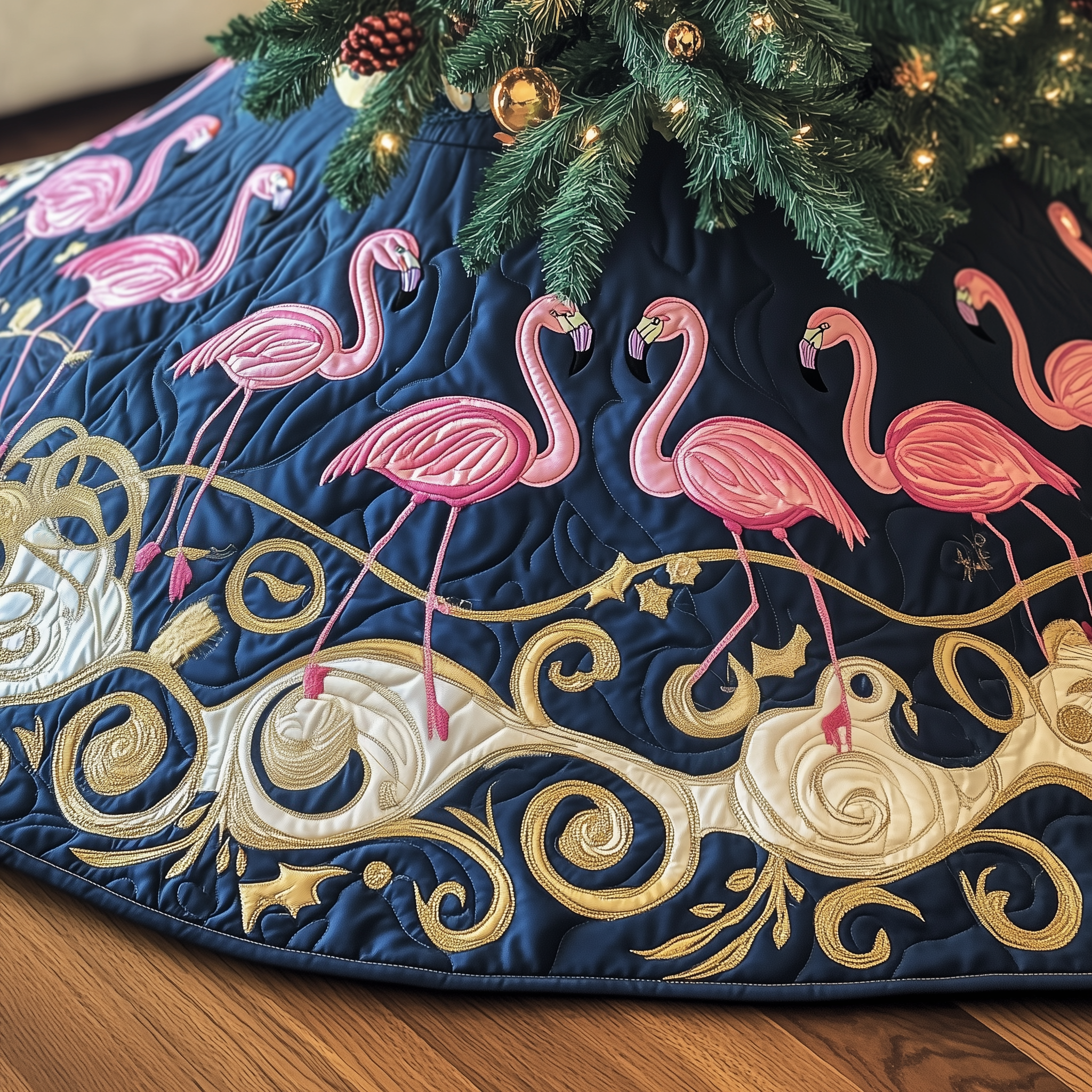 Festive Flamingo Quilted Tree Skirt Xmas Tree Base Cover Christmas Tree Decoration Cute Flamingo Stuff-1 Festive Flamingo Quilted Tree Skirt Xmas Tree Base Cover Christmas Tree Decoration Cute Flamingo Stuff-1