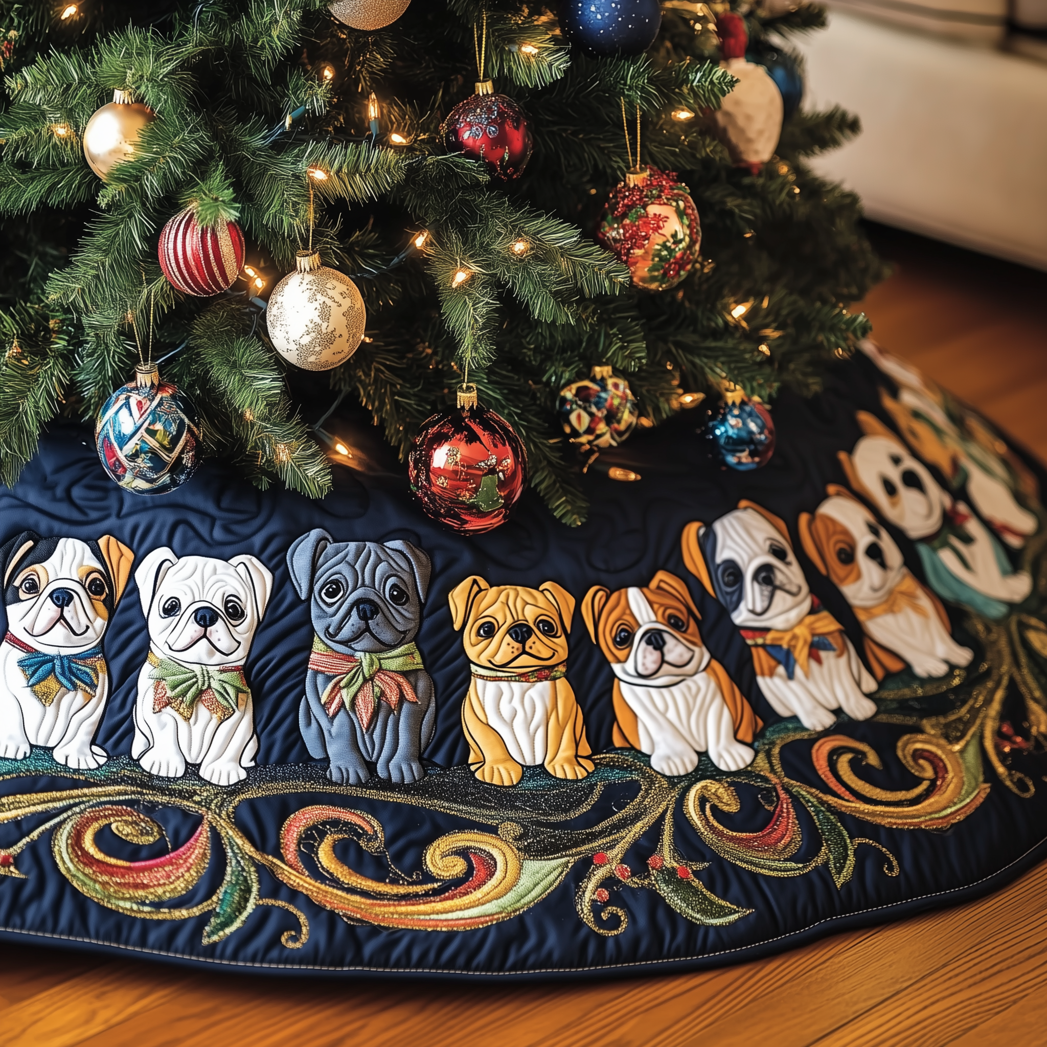 Festive French Bulldog Quilted Tree Skirt Holiday Xmas Indoor French Bulldog Xmas Tree Decoration-1