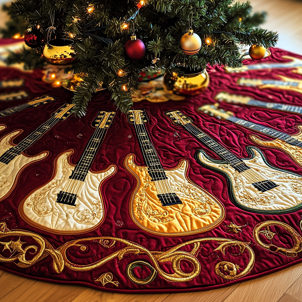 Festive Gold Guitar Quilted Tree Skirt Indoor Tree Decorations Christmas Gift Ideas For Guitarists-1 Festive Gold Guitar Quilted Tree Skirt Indoor Tree Decorations Christmas Gift Ideas For Guitarists-1