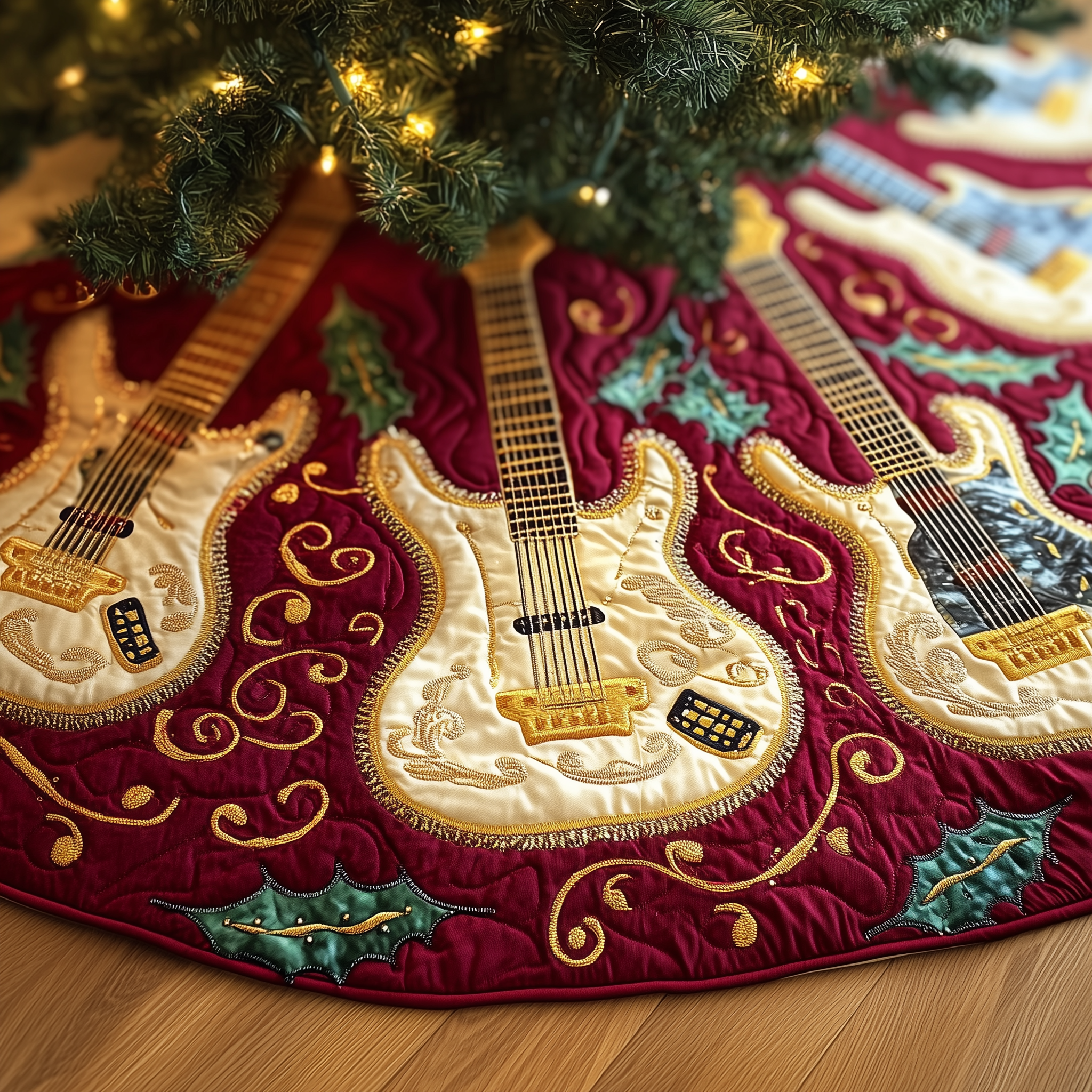 Festive Gold Guitar Quilted Tree Skirt Xmas Tree Surround Christmas Gifts For Guitar Lovers-1 Festive Gold Guitar Quilted Tree Skirt Xmas Tree Surround Christmas Gifts For Guitar Lovers-1