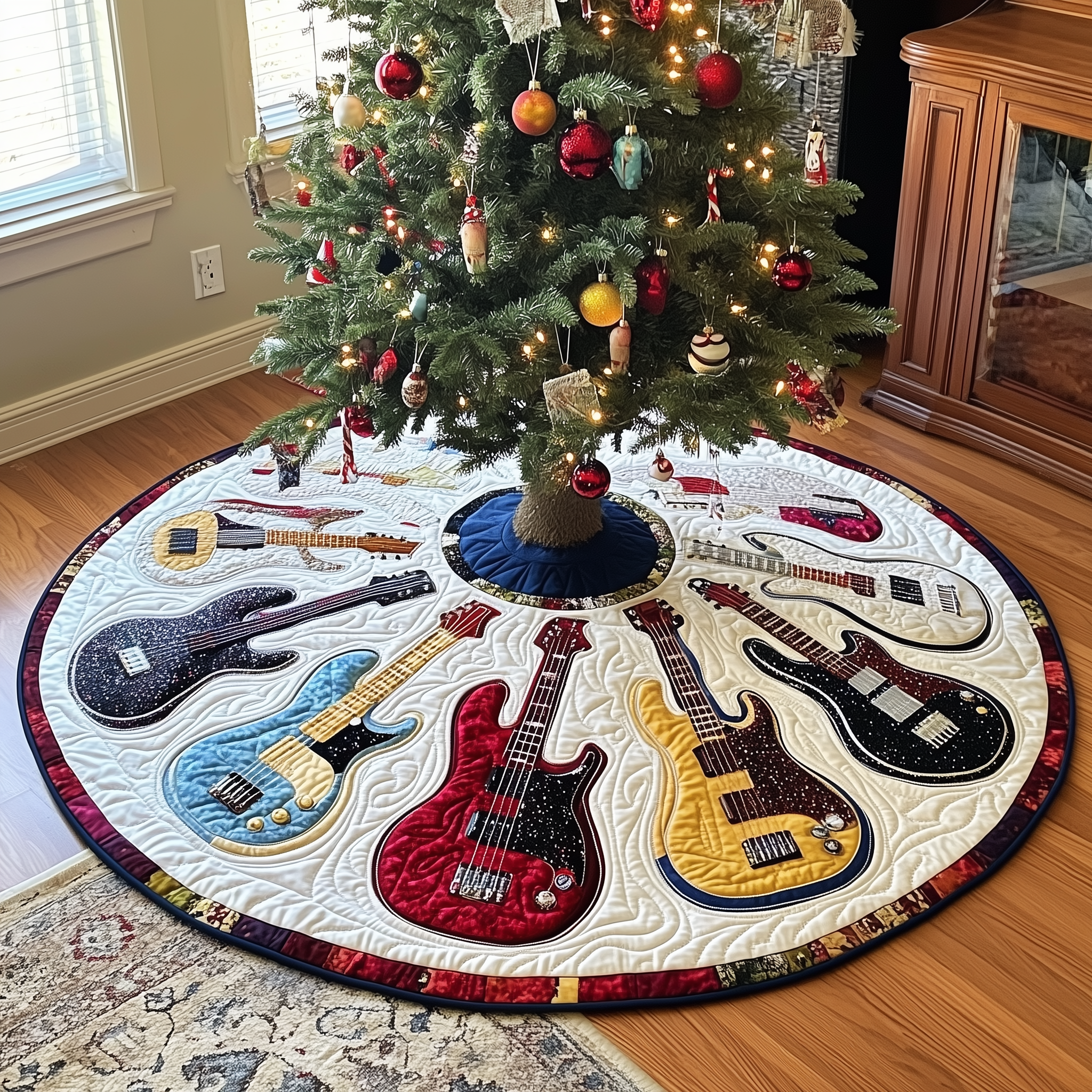 Festive Guitars Quilted Tree Skirt Xmas Tree Surround Christmas Gifts For Guitar Lovers-1 Festive Guitars Quilted Tree Skirt Xmas Tree Surround Christmas Gifts For Guitar Lovers-1