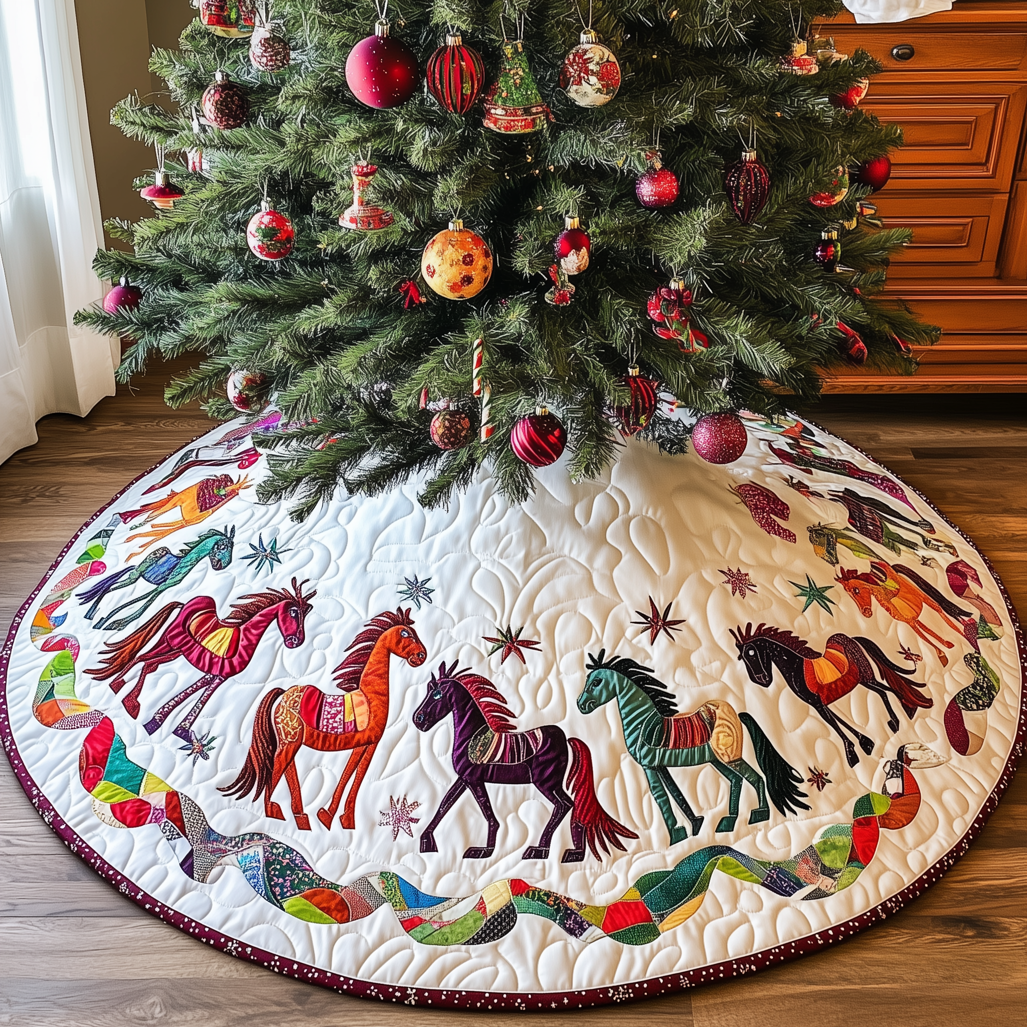 Festive Horses Quilted Tree Skirt Xmas Tree Base Cover Christmas Tree Decoration Horse Themed Gifts-1 Festive Horses Quilted Tree Skirt Xmas Tree Base Cover Christmas Tree Decoration Horse Themed Gifts-1