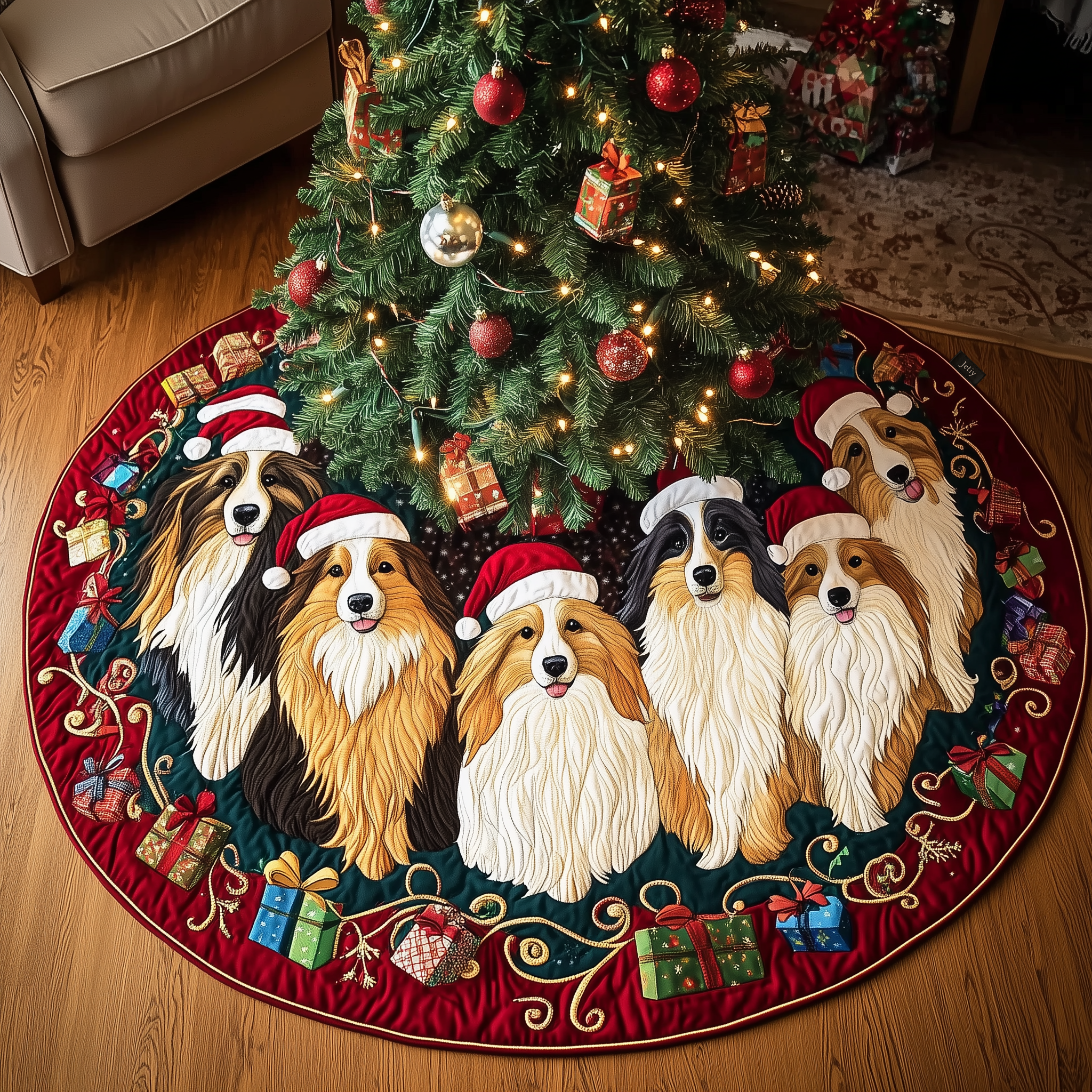 Festive Shetland Sheepdog Quilted Tree Skirt Holiday Christmas Tree Base Cover Gifts For Sheep Farmers-1 Festive Shetland Sheepdog Quilted Tree Skirt Holiday Christmas Tree Base Cover Gifts For Sheep Farmers-1