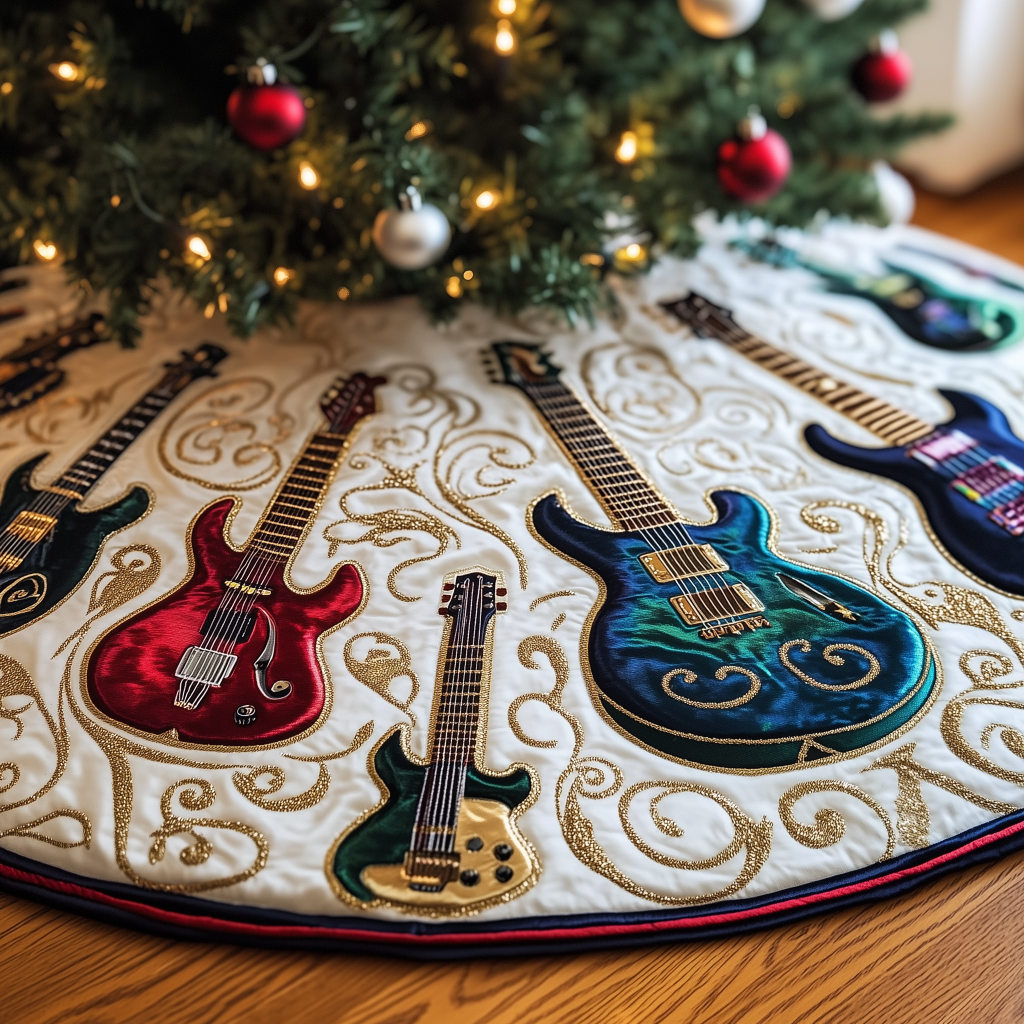 Festive Swirl Guitars Quilted Tree Skirt  Holiday Tree Skirt Xmas Decorations Secret Santa Gifts For Guitarists-1 Festive Swirl Guitars Quilted Tree Skirt  Holiday Tree Skirt Xmas Decorations Secret Santa Gifts For Guitarists-1