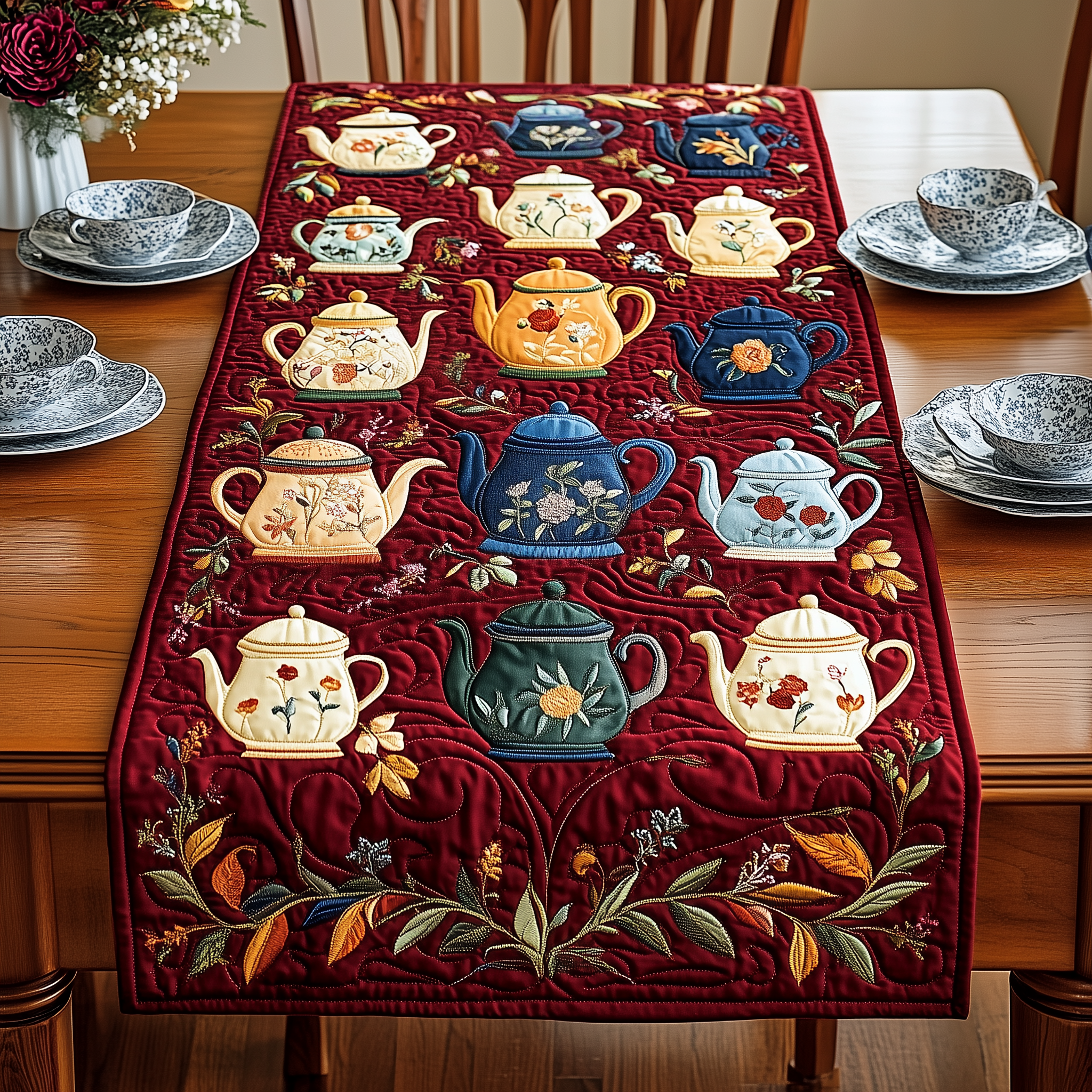 Festive Teapot Quilted Table Runner Decorations  Christmas Gifts For Tea Drinkers For Dad-1