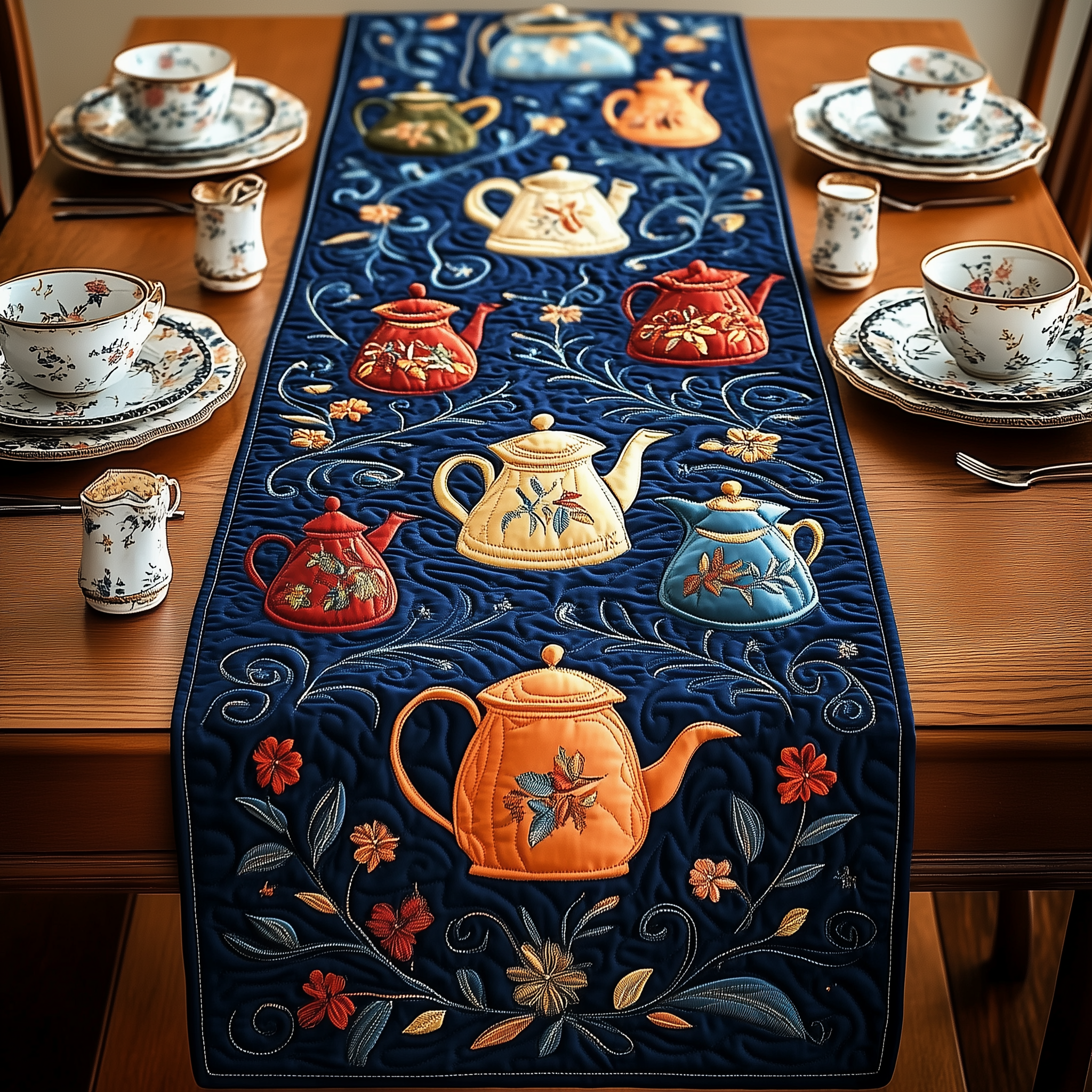 Festive Teapot Quilted Table Runner Decorations  Christmas Gifts For Tea Drinkers-1 Festive Teapot Quilted Table Runner Decorations  Christmas Gifts For Tea Drinkers-1