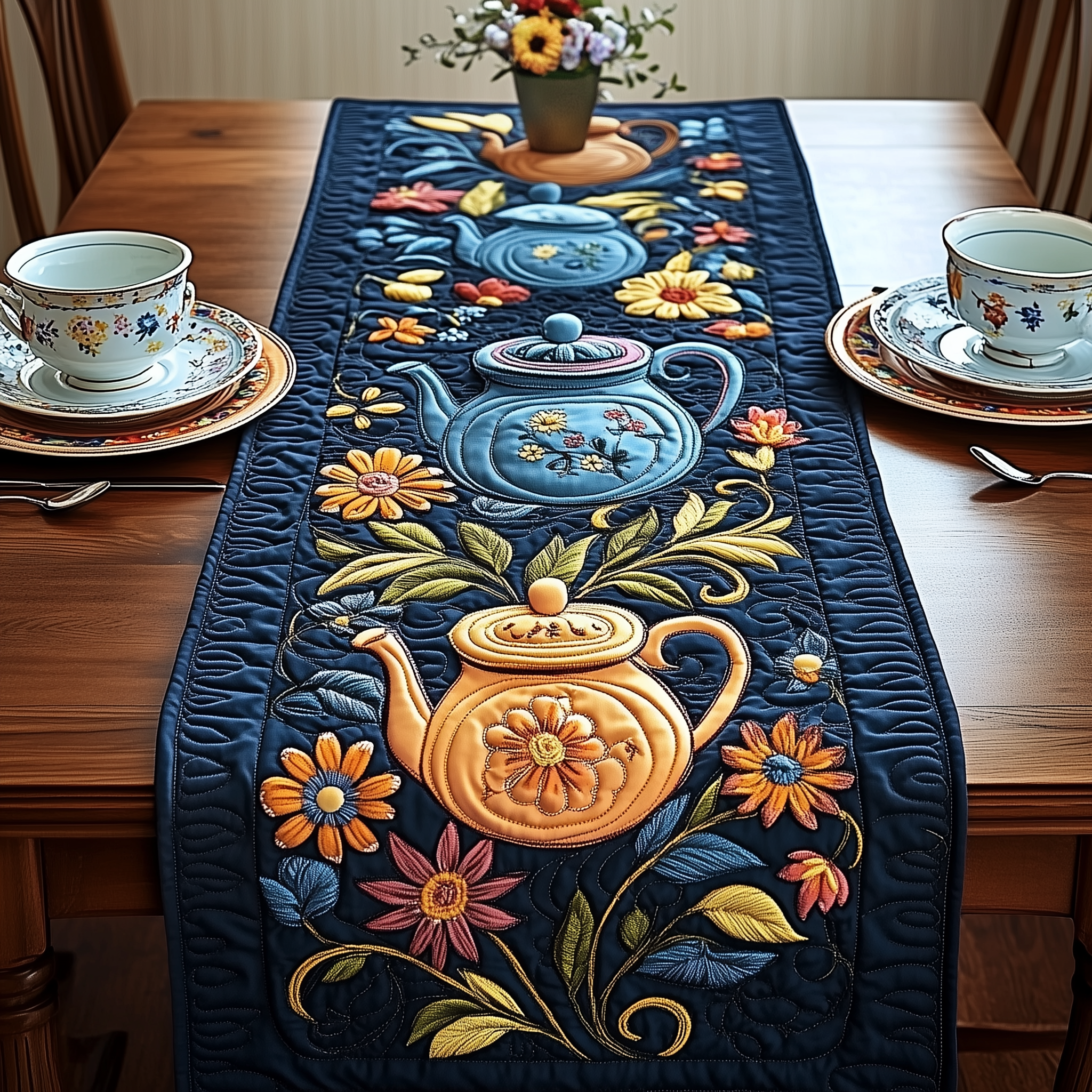 Festive Teapot Quilted Table Runner Item Decorations  Christmas Gifts For Tea Drinkers-1