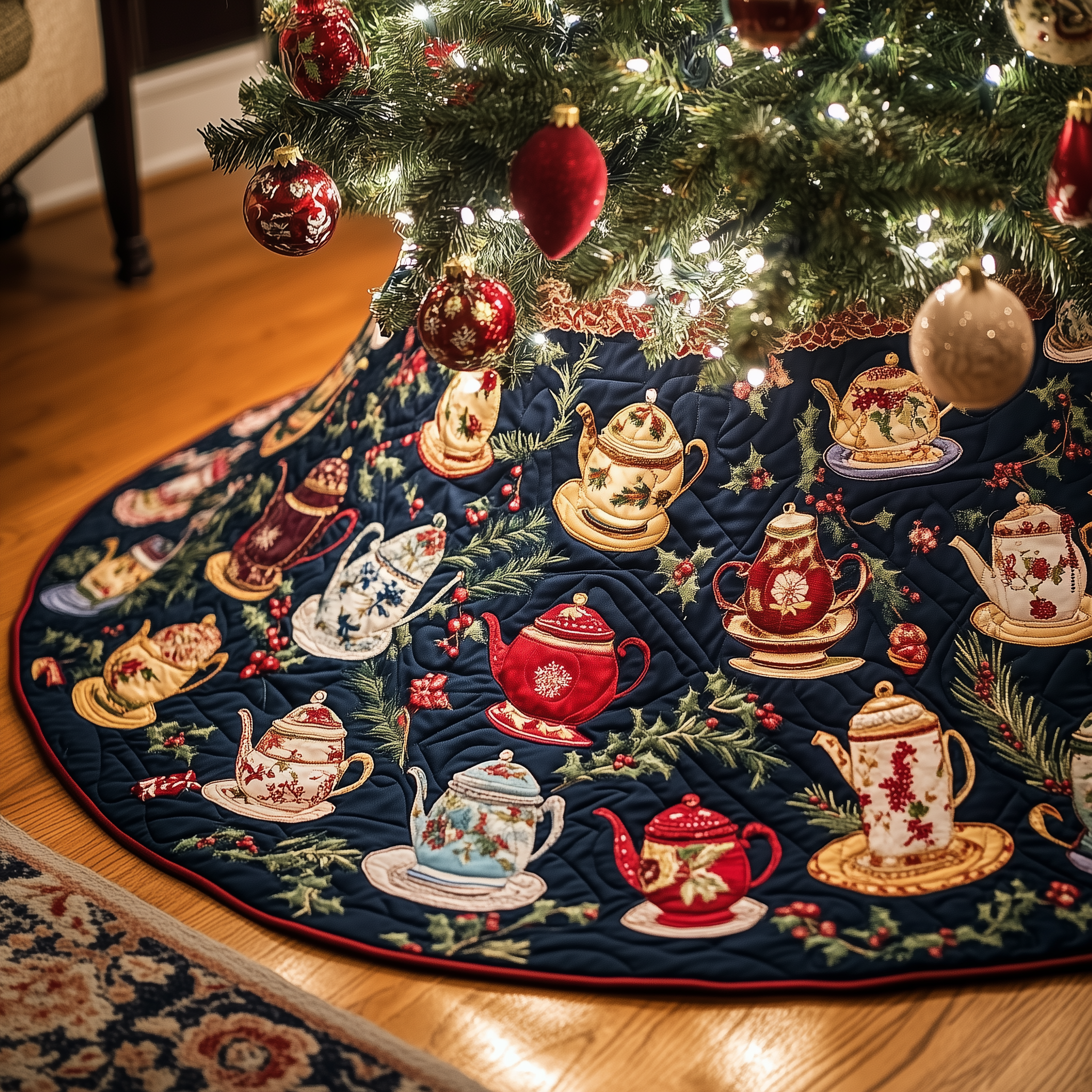 Festive Teapot Quilted Tree Skirt Xmas Tree Base Cover Decorations Christmas Gifts For Tea Drinkers-1