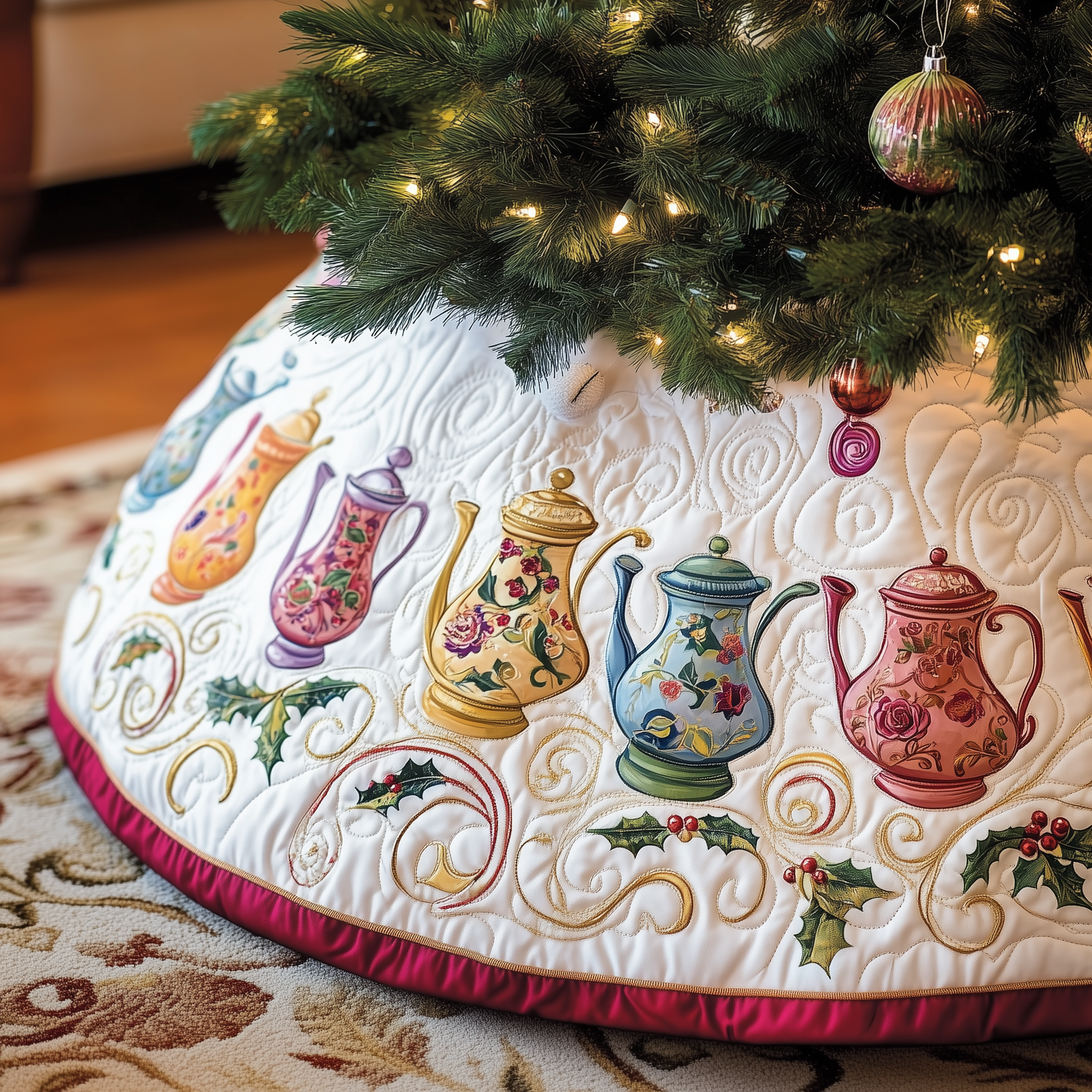 Festive Teapot Quilted Tree Skirt Xmas Tree Base Cover Decorations Christmas Gifts For Tea Lovers-1 Festive Teapot Quilted Tree Skirt Xmas Tree Base Cover Decorations Christmas Gifts For Tea Lovers-1