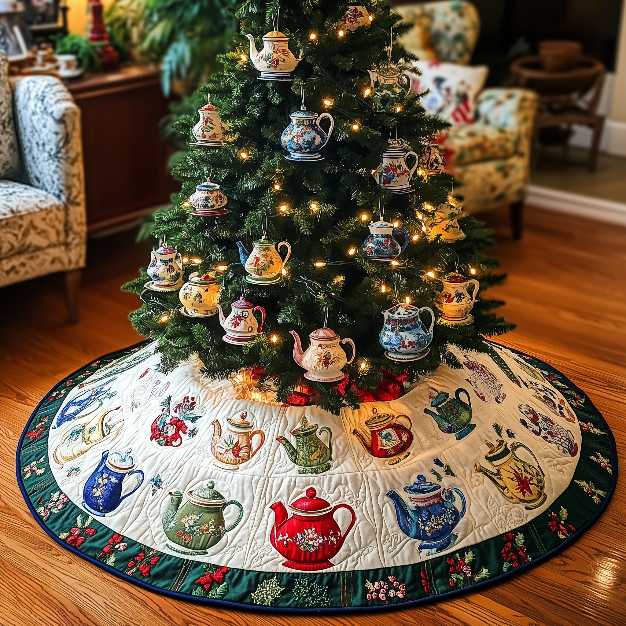 Festive Teapot Quilted Tree Skirt Xmas Tree Surround Decorations Themed Tea Holiday Gifts-1