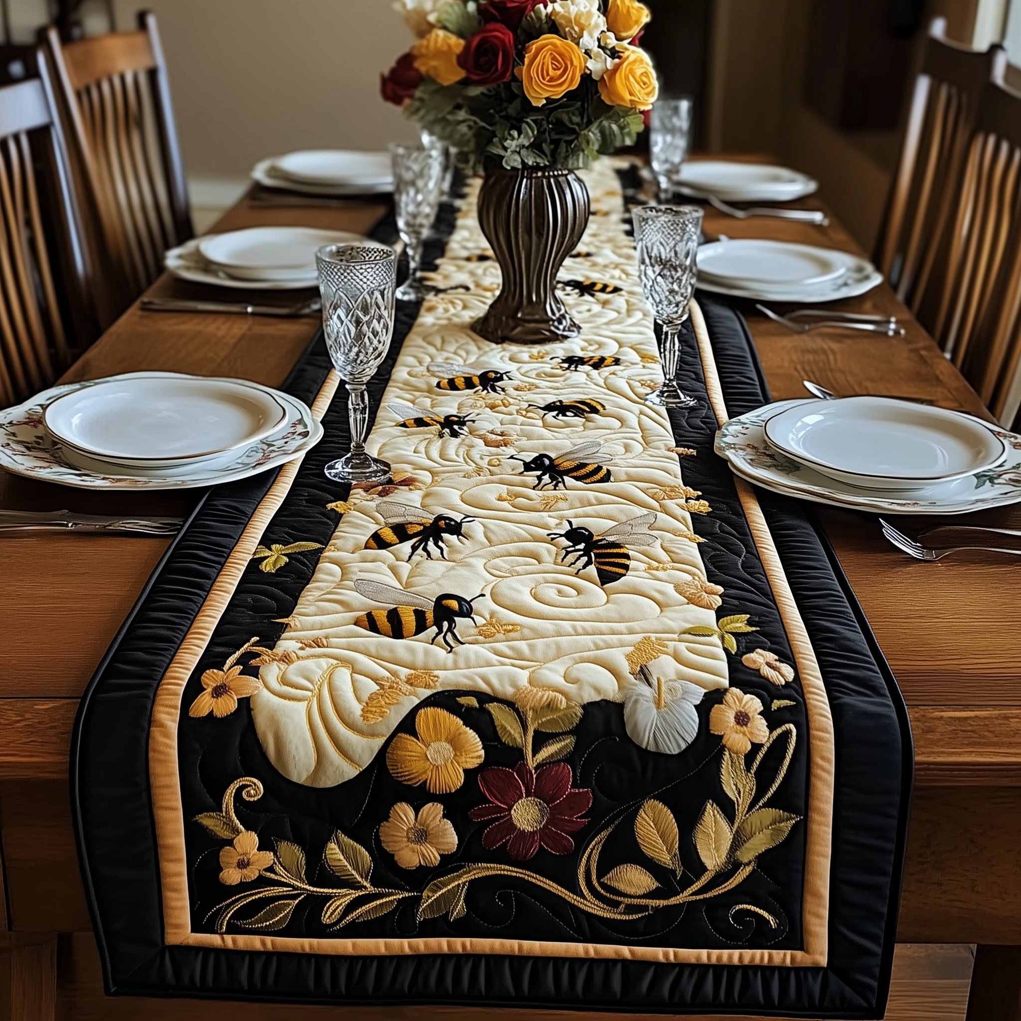 Floral Bee Quilted Table Runner Bee Items Gifts-1 Floral Bee Quilted Table Runner Bee Items Gifts-1