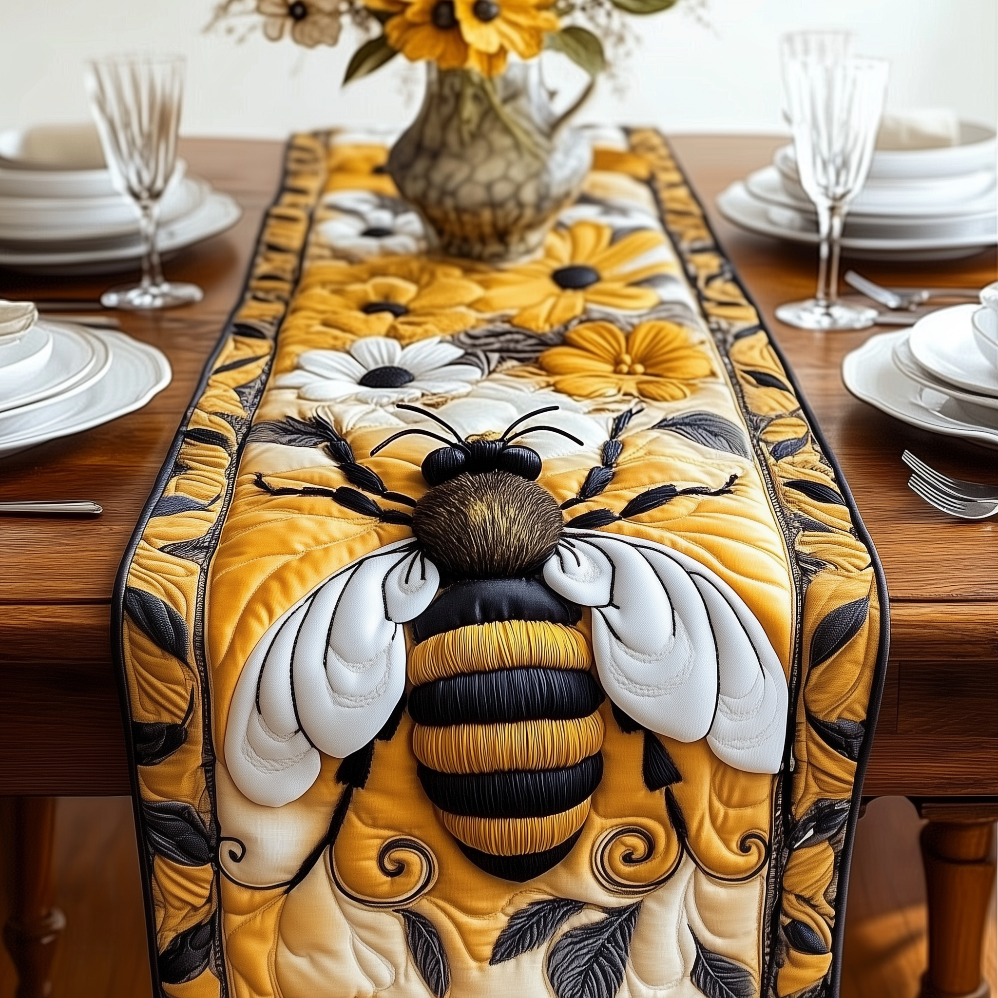 Floral Bee Quilted Table Runner Bee Themed Presents-1 Floral Bee Quilted Table Runner Bee Themed Presents-1