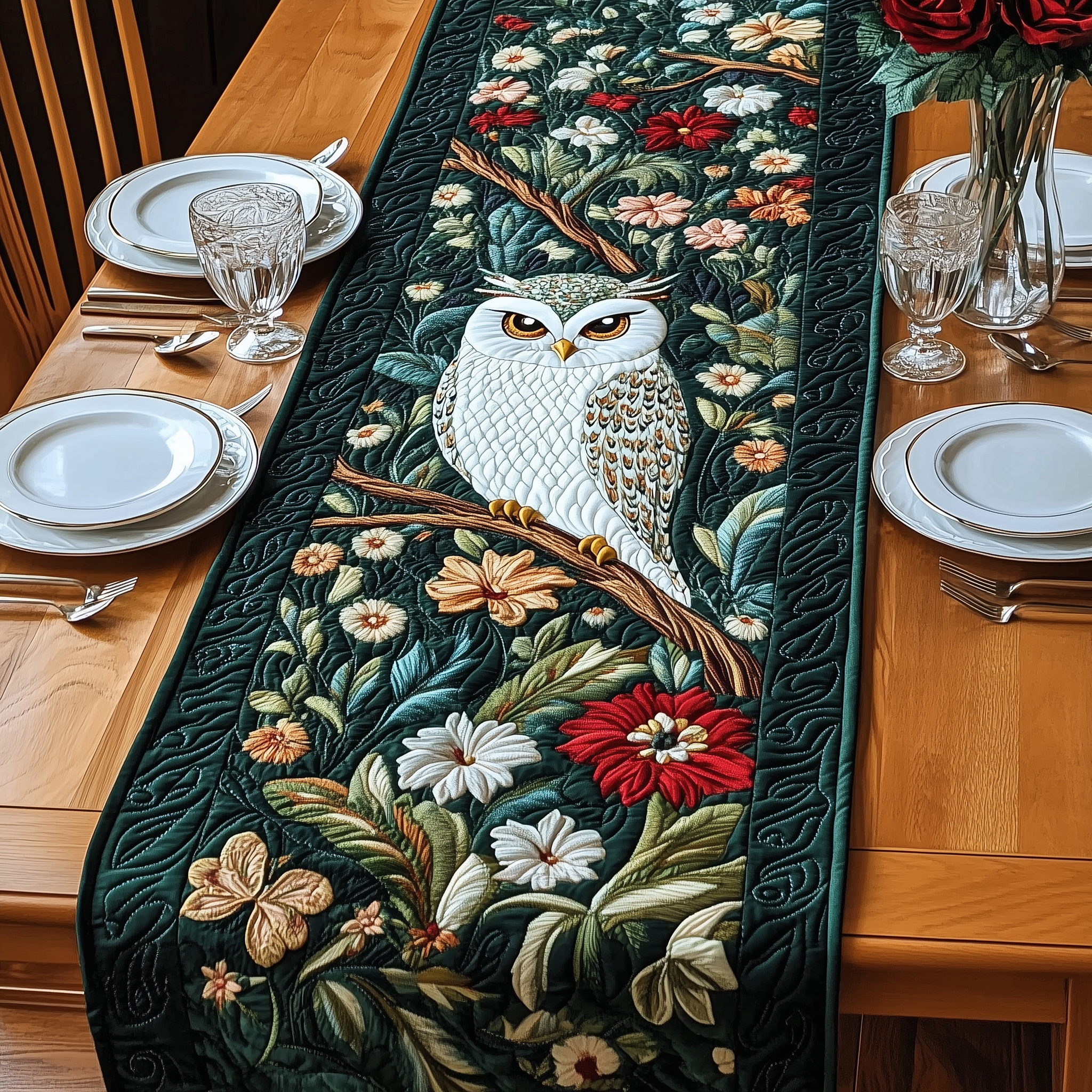 Floral Owl Quilted Table Runner Owl Gifts For Men-1 Floral Owl Quilted Table Runner Owl Gifts For Men-1