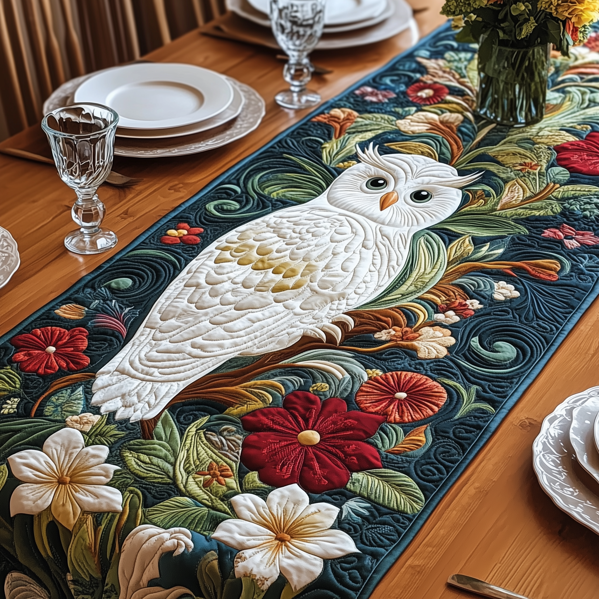 Floral Owl Quilted Table Runner Owl Gifts For Mom-1 Floral Owl Quilted Table Runner Owl Gifts For Mom-1