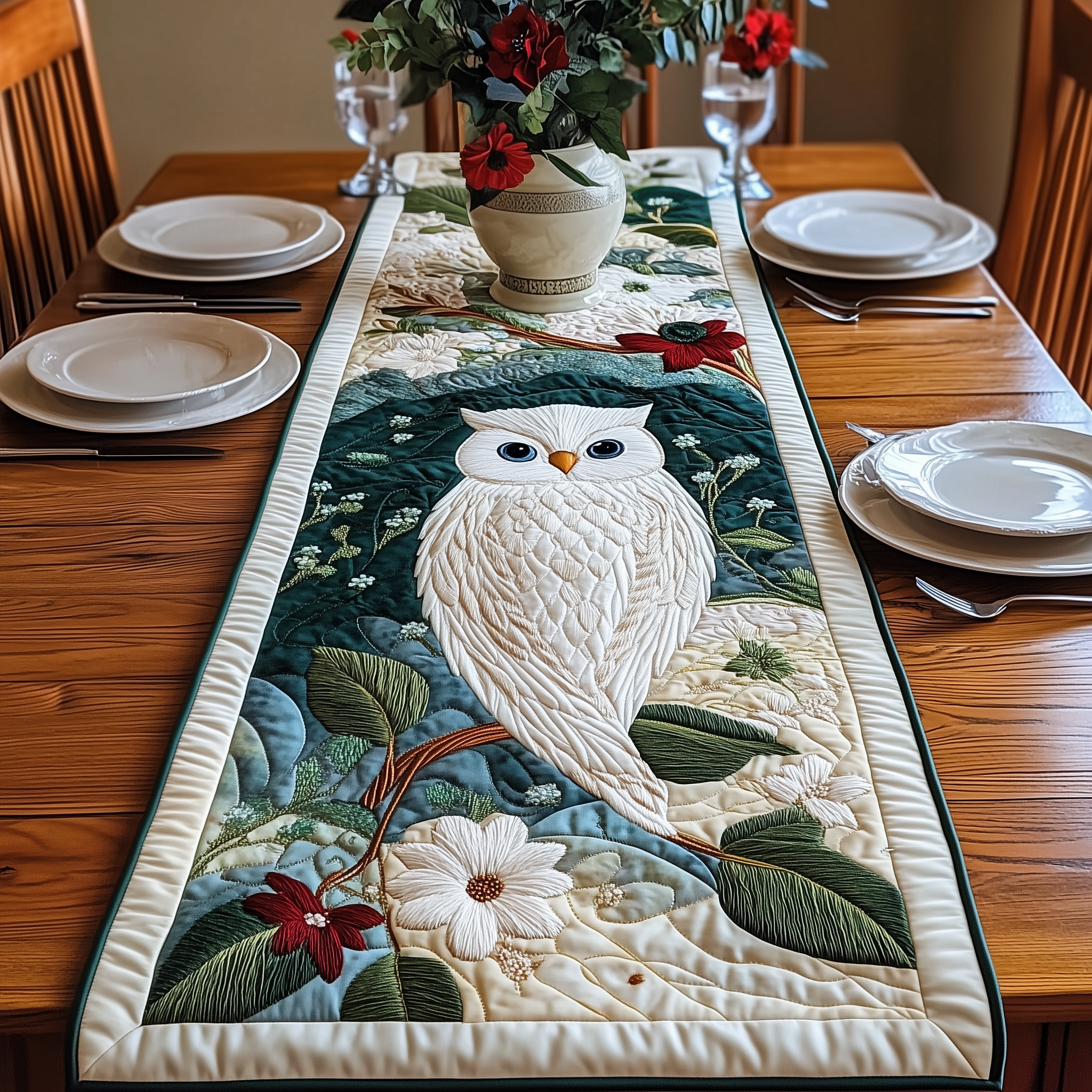 Floral Owl Quilted Table Runner Owl Gifts For Wife-1