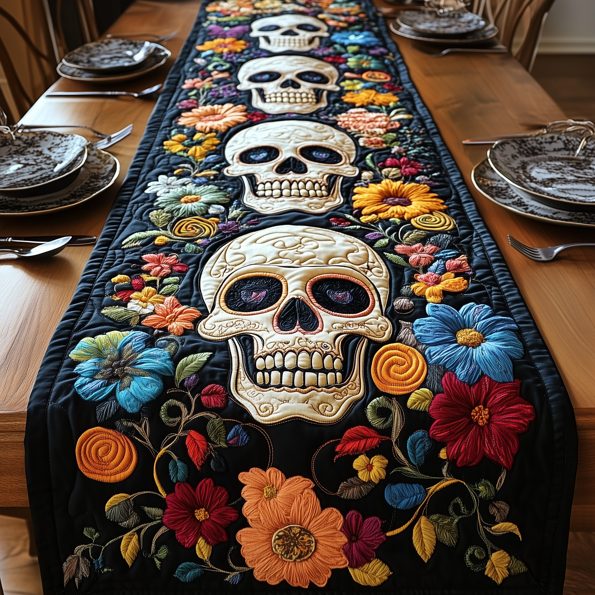 Floral Skull Quilted Table Runner Gifts With Skulls On Them-1