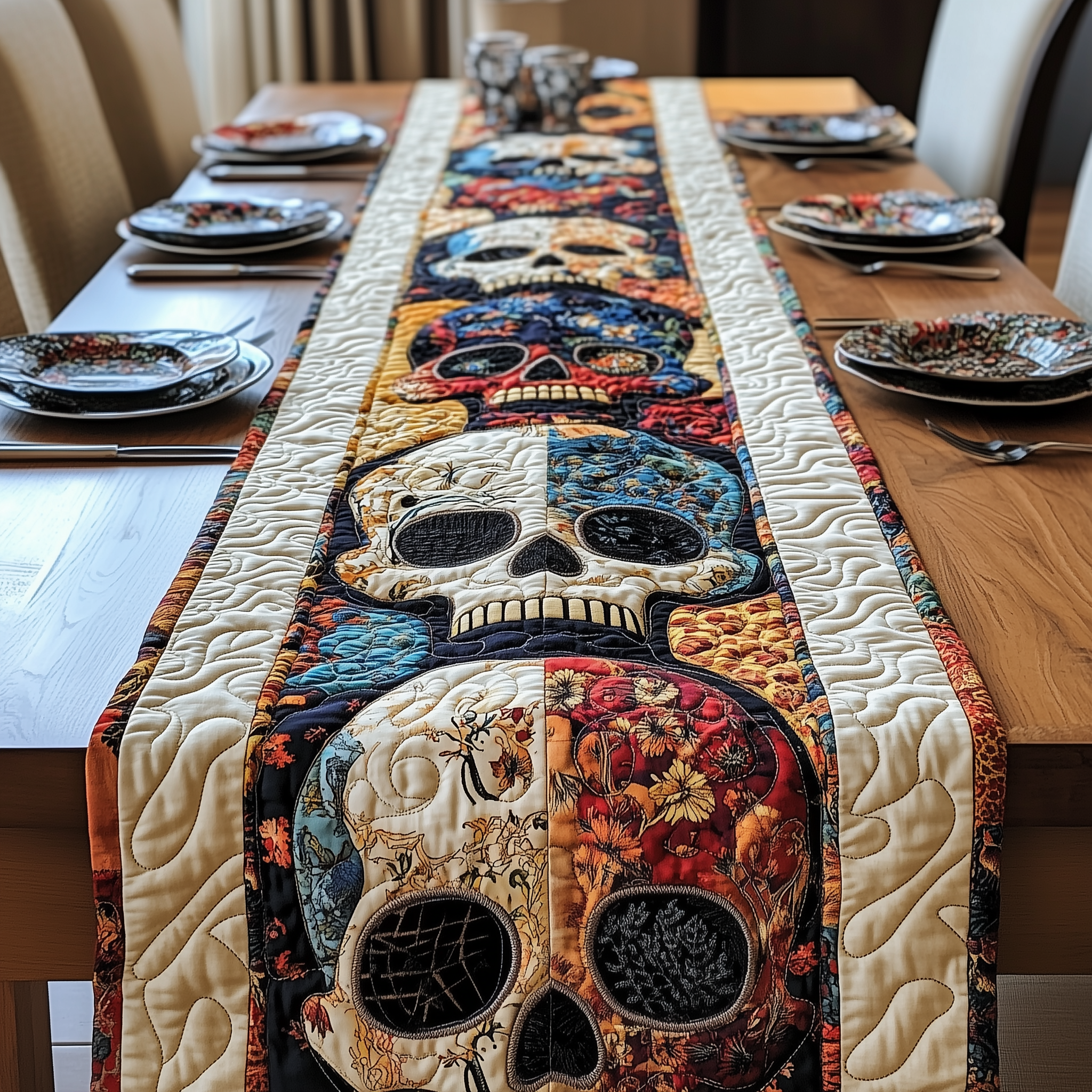 Floral Skull Quilted Table Runner Skull Gifts For Men-1 Floral Skull Quilted Table Runner Skull Gifts For Men-1