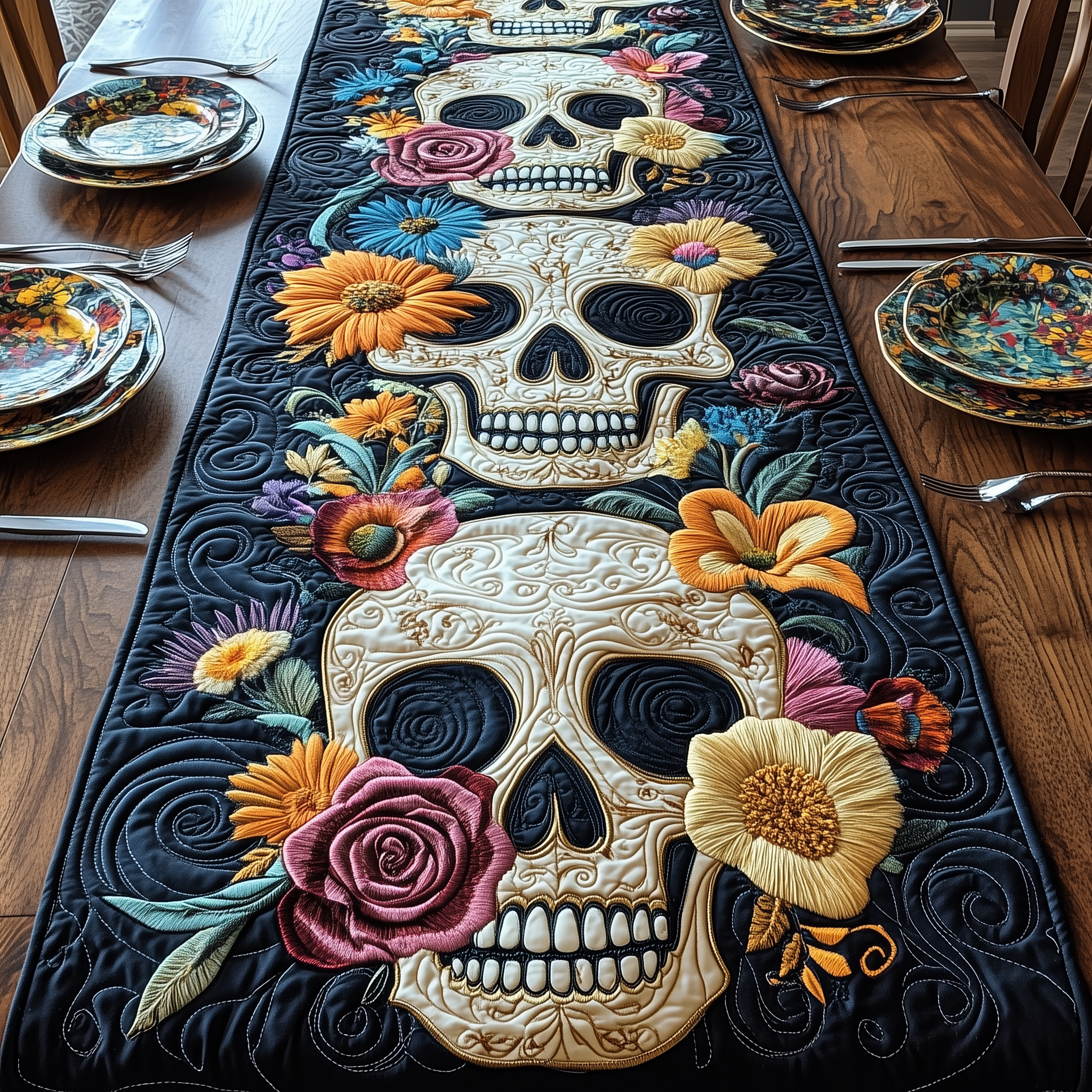 Floral Skull Quilted Table Runner Unique Skull Gifts For Him-1 Floral Skull Quilted Table Runner Unique Skull Gifts For Him-1