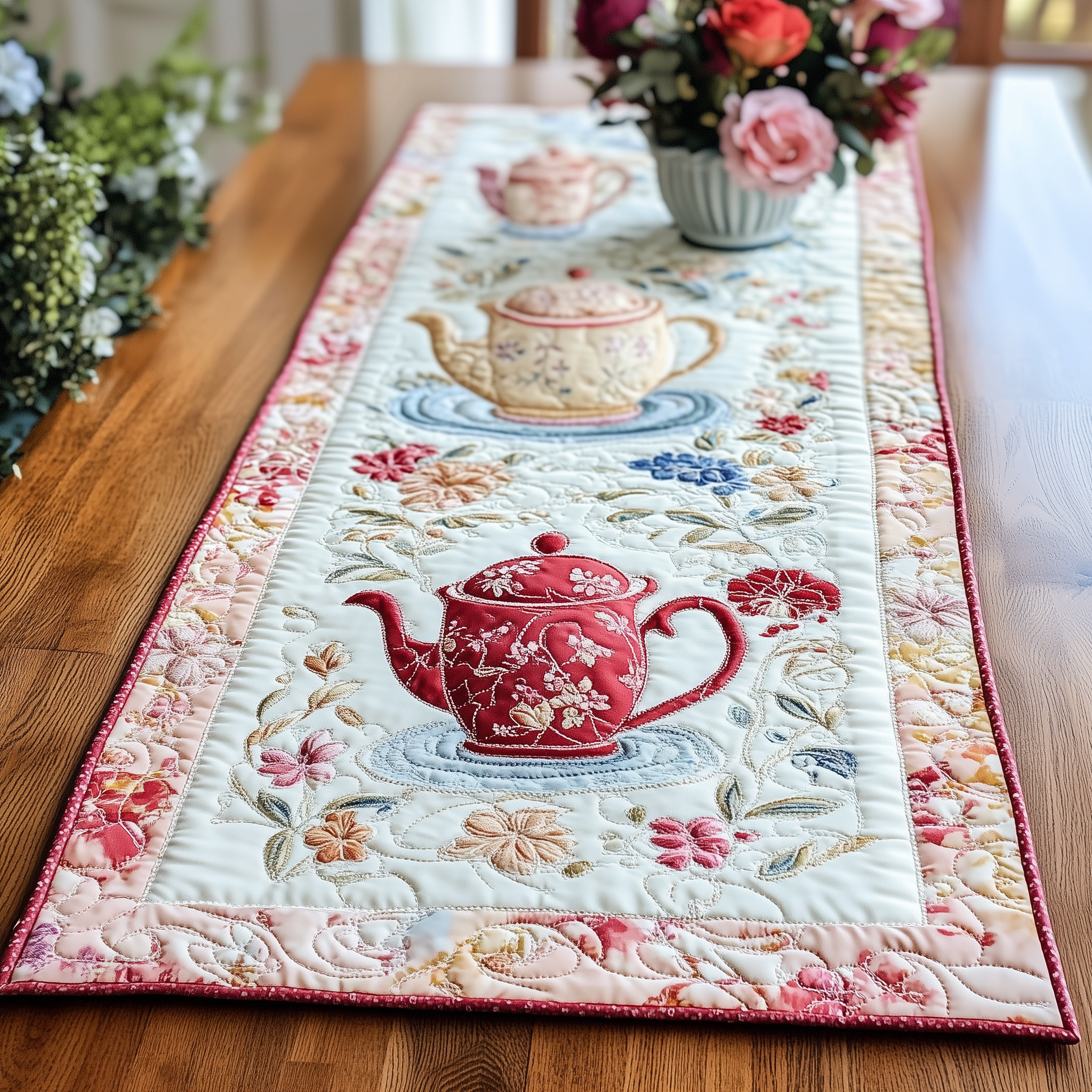 Floral Teapot Quilted Table Runner Christmas Gifts For Tea Drinkers For Women For Her-1