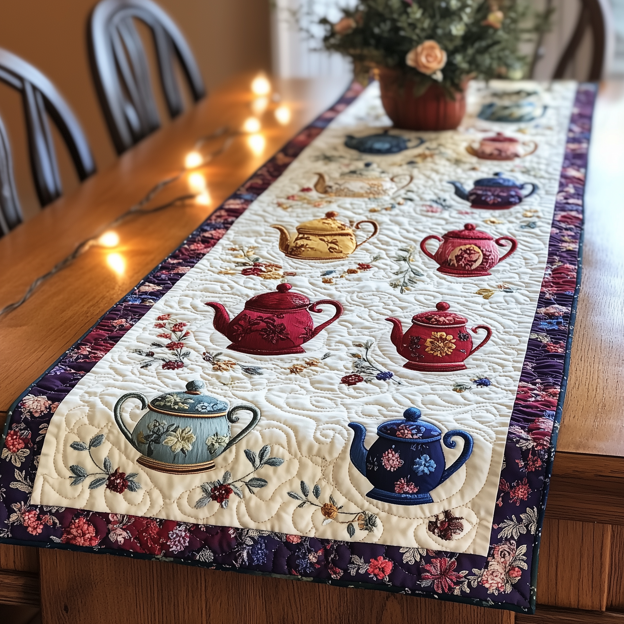 Floral Teapot Quilted Table Runner Cute Modern Table Runner Items Christmas Gifts For Tea Lovers-1 Floral Teapot Quilted Table Runner Cute Modern Table Runner Items Christmas Gifts For Tea Lovers-1