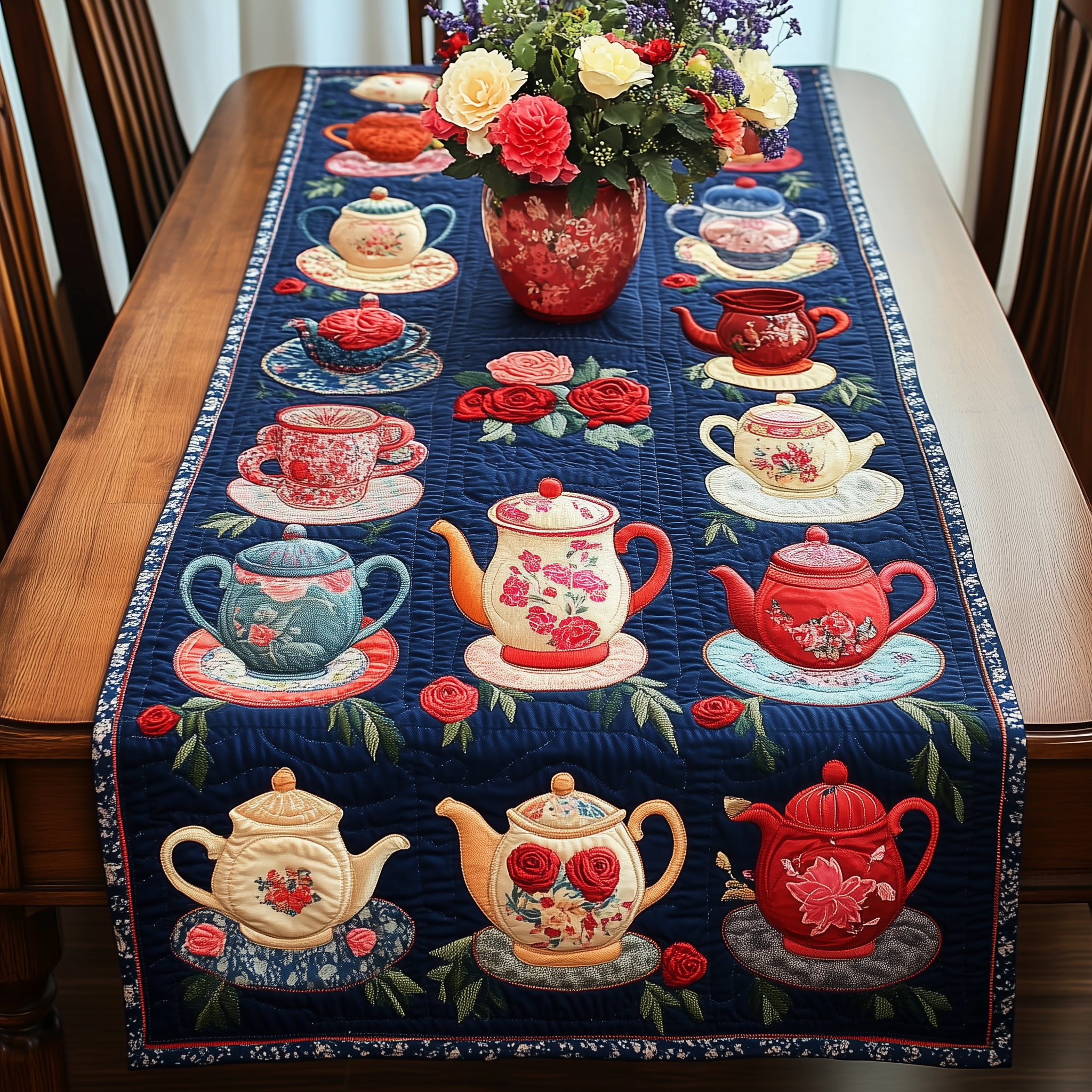 Floral Teapot Quilted Table Runner Indoor Decorations Christmas Presents For Tea Lovers-1