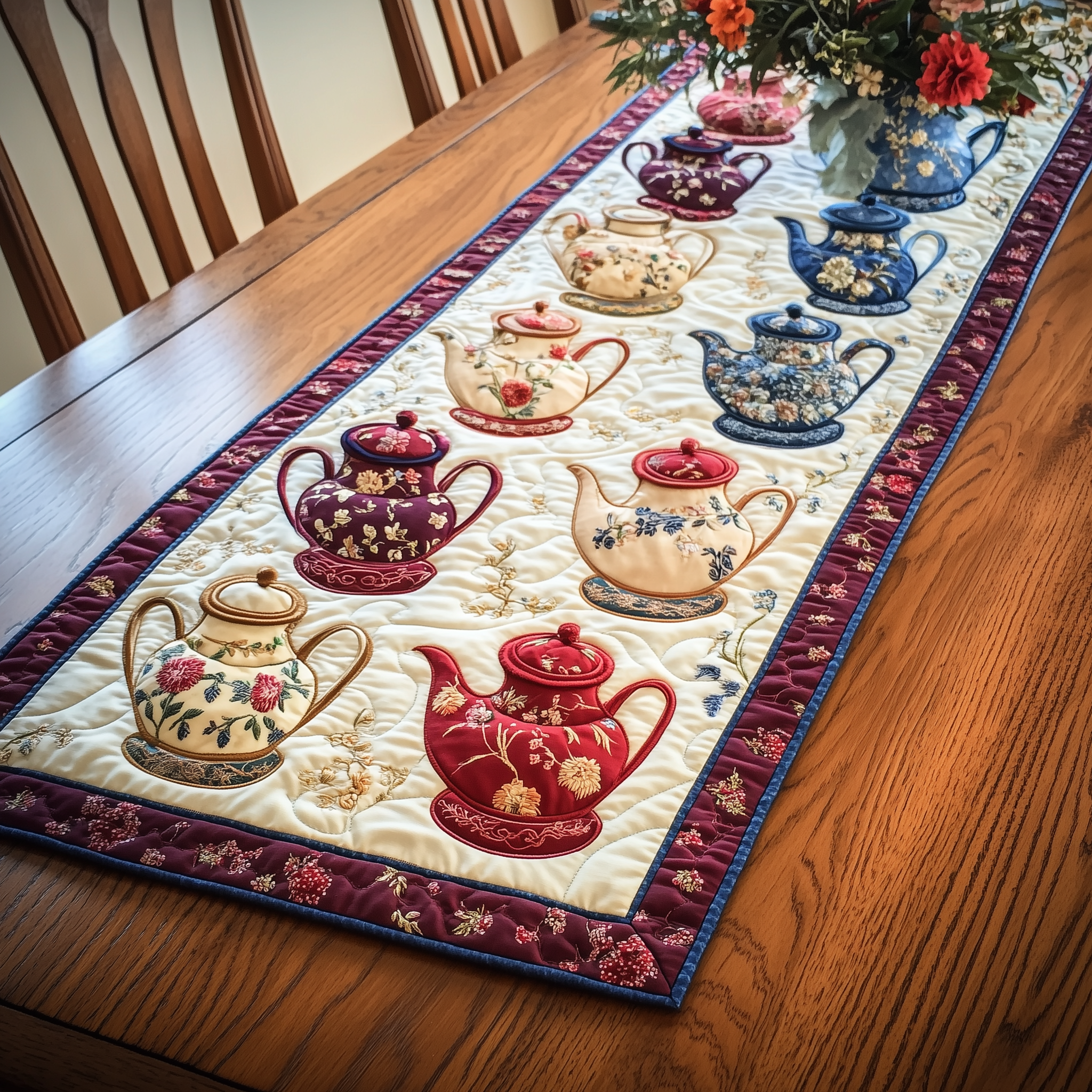 Floral Teapot Quilted Table Runner Themed Decorations Christmas Gift Item For Tea Lovers-1 Floral Teapot Quilted Table Runner Themed Decorations Christmas Gift Item For Tea Lovers-1