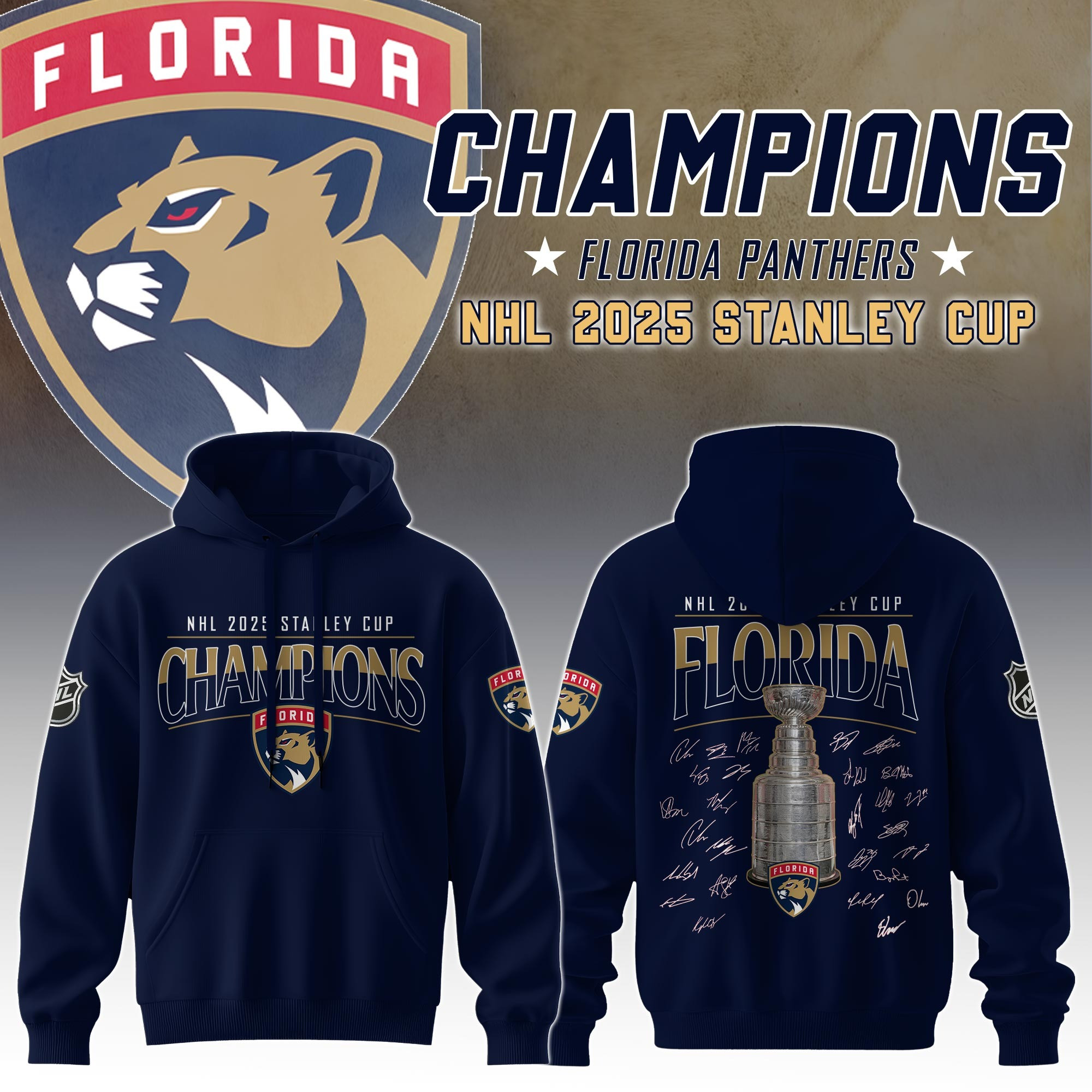 Florida Panthers Stanley Cup Champions 2025 Hoodie Signature Hockey NFL Merch Fan Apparel-1 Florida Panthers Stanley Cup Champions 2025 Hoodie Signature Hockey NFL Merch Fan Apparel-1
