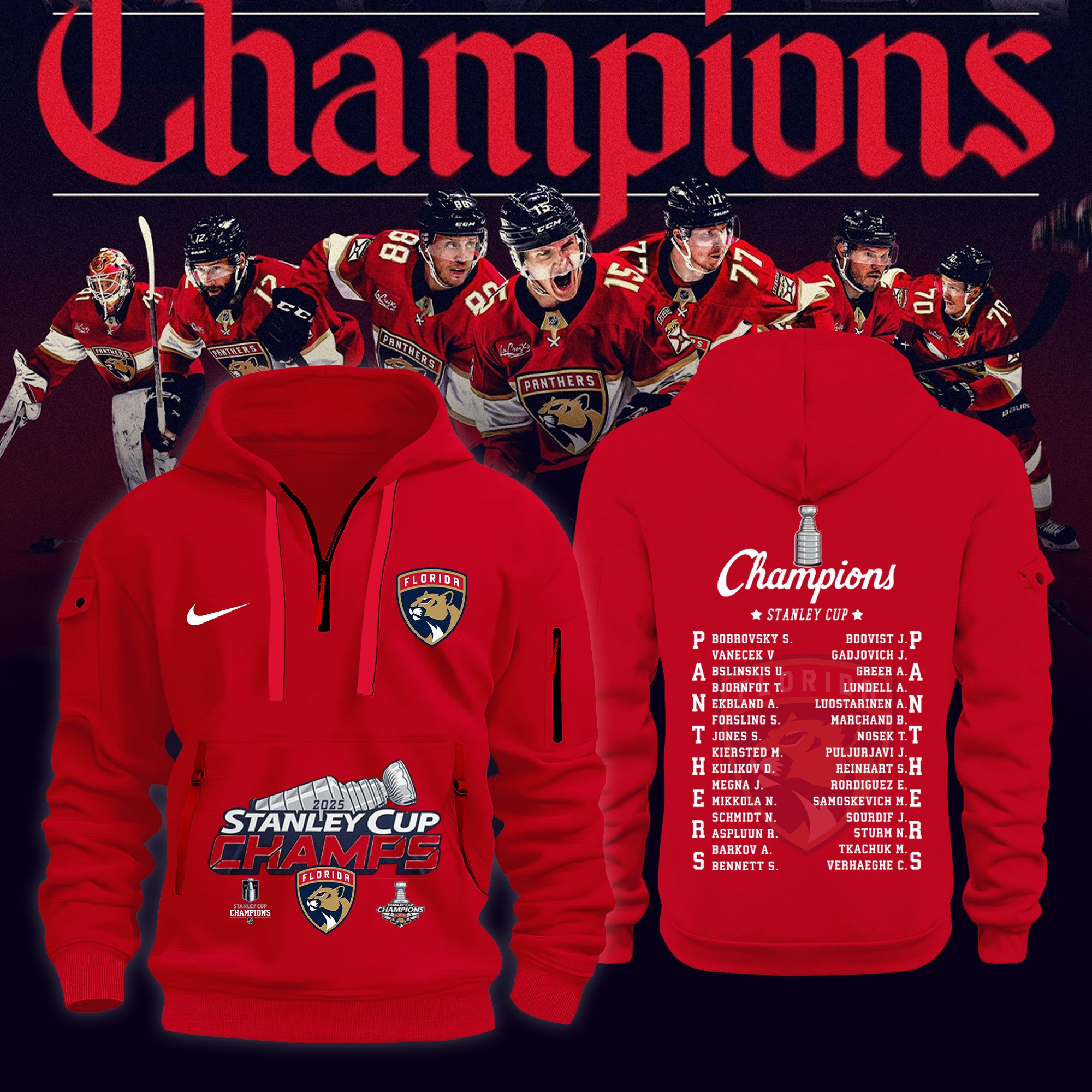 Florida Panthers Stanley Cup Champions 2025 Quarter Zip Hoodie NFL Merch Hockey Fan Gear-1