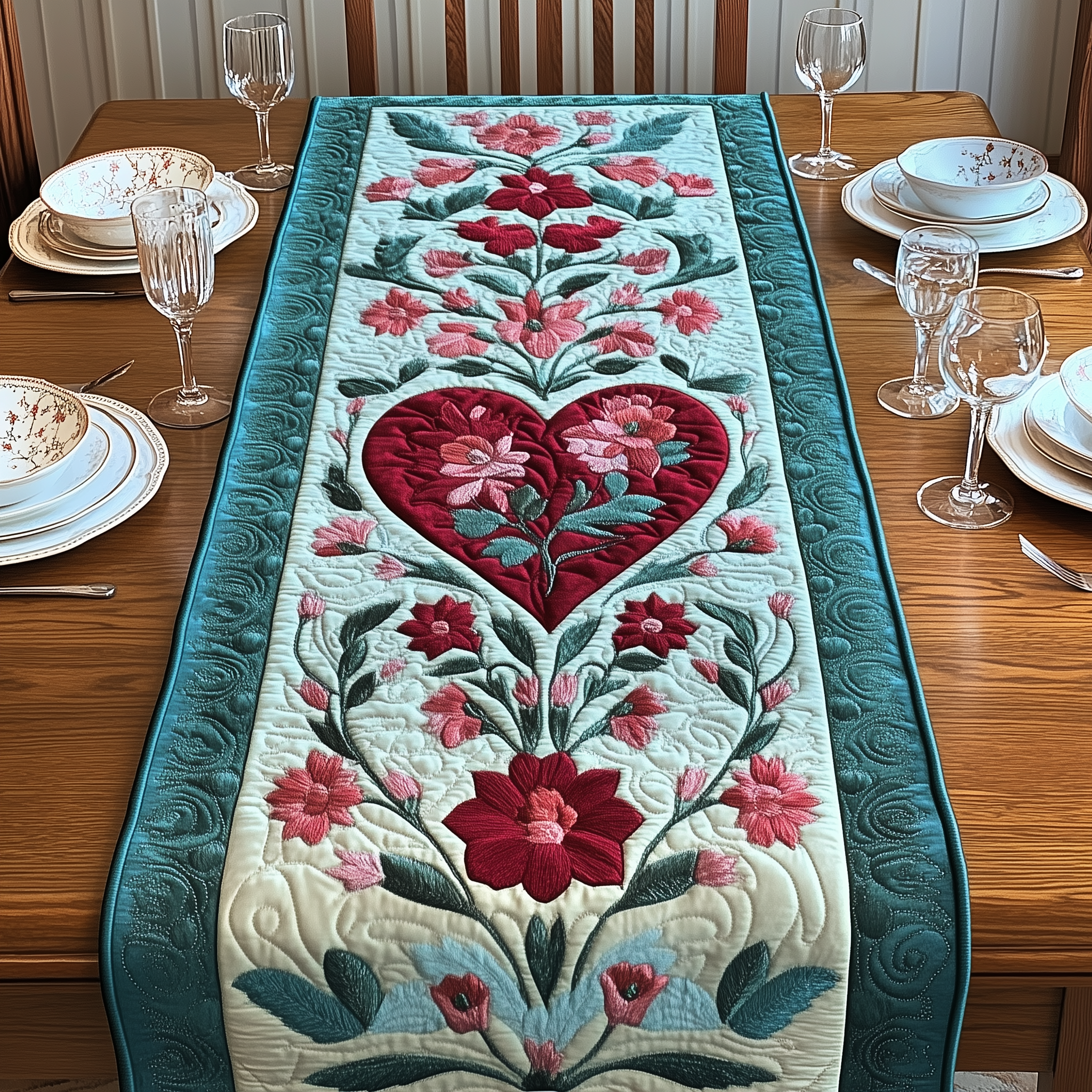 Flowers & Hearts Quilted Table Runner Best Valentine Gift For Girlfriend-1 Flowers & Hearts Quilted Table Runner Best Valentine Gift For Girlfriend-1