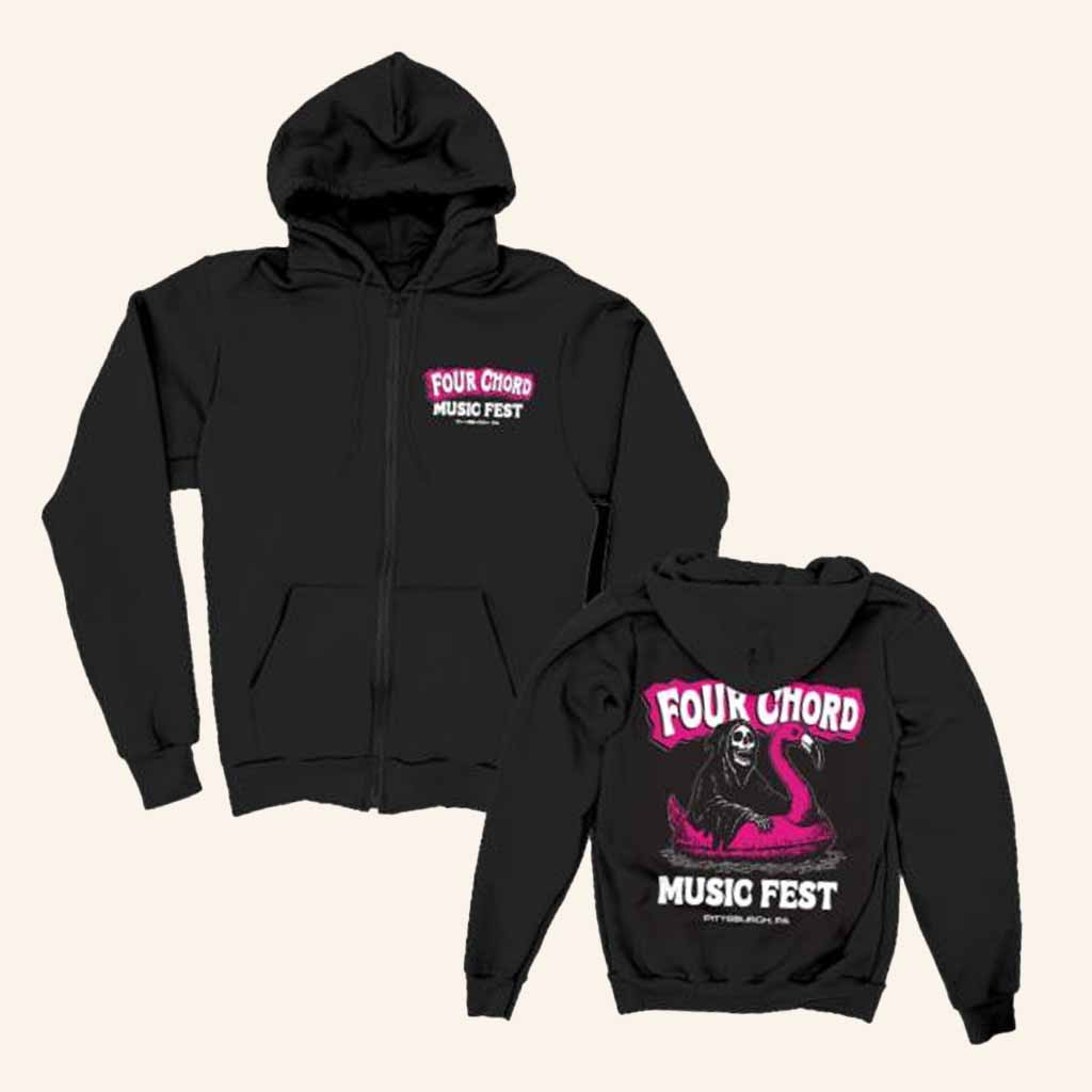 Four Chord Music Festival Merch Flamingo Reaper Zip Hoodie Gifts For Music Enthusiasts-1 Four Chord Music Festival Merch Flamingo Reaper Zip Hoodie Gifts For Music Enthusiasts-1