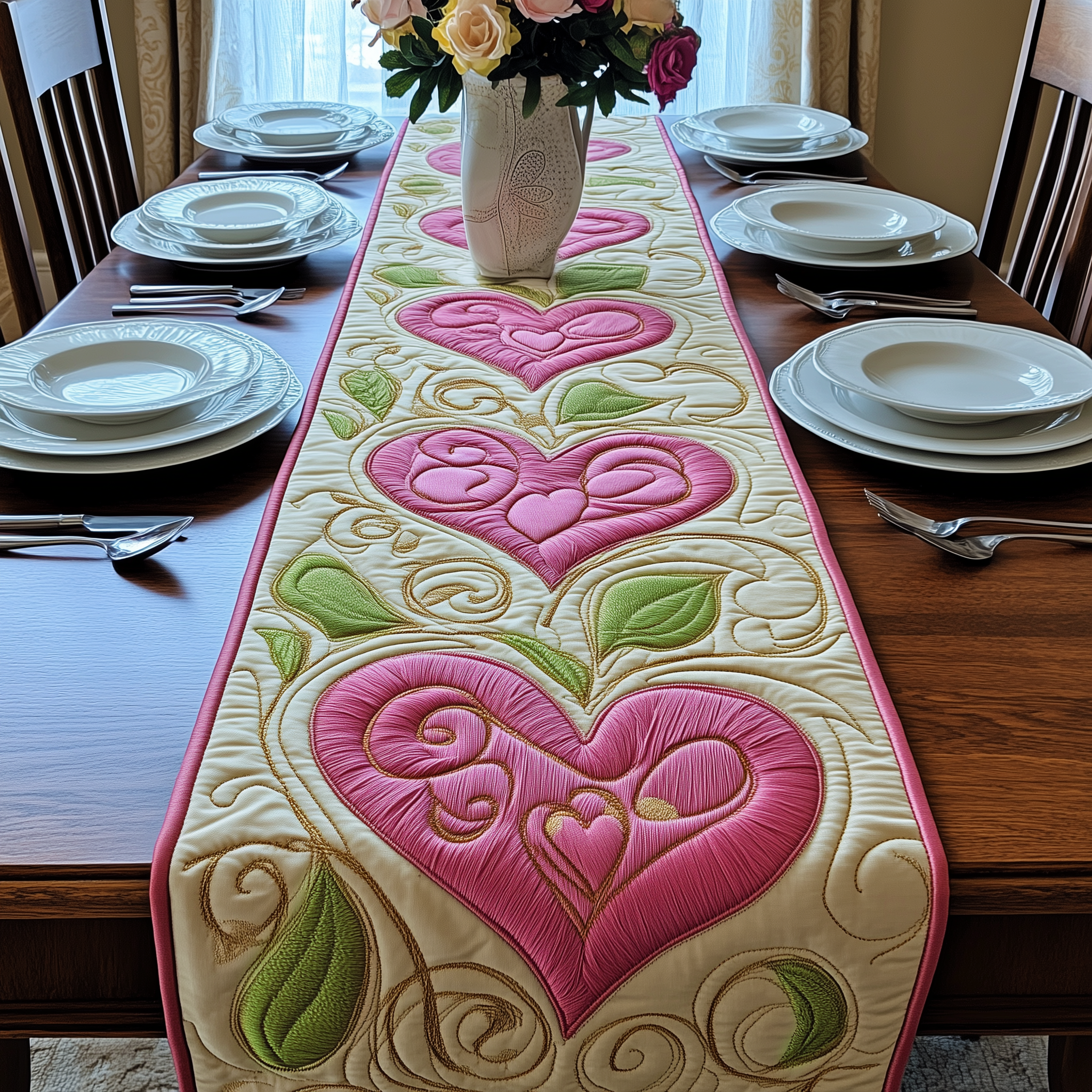 Garden of Love Quilted Table Runner Family Valentine Day Gifts-1 Garden of Love Quilted Table Runner Family Valentine Day Gifts-1